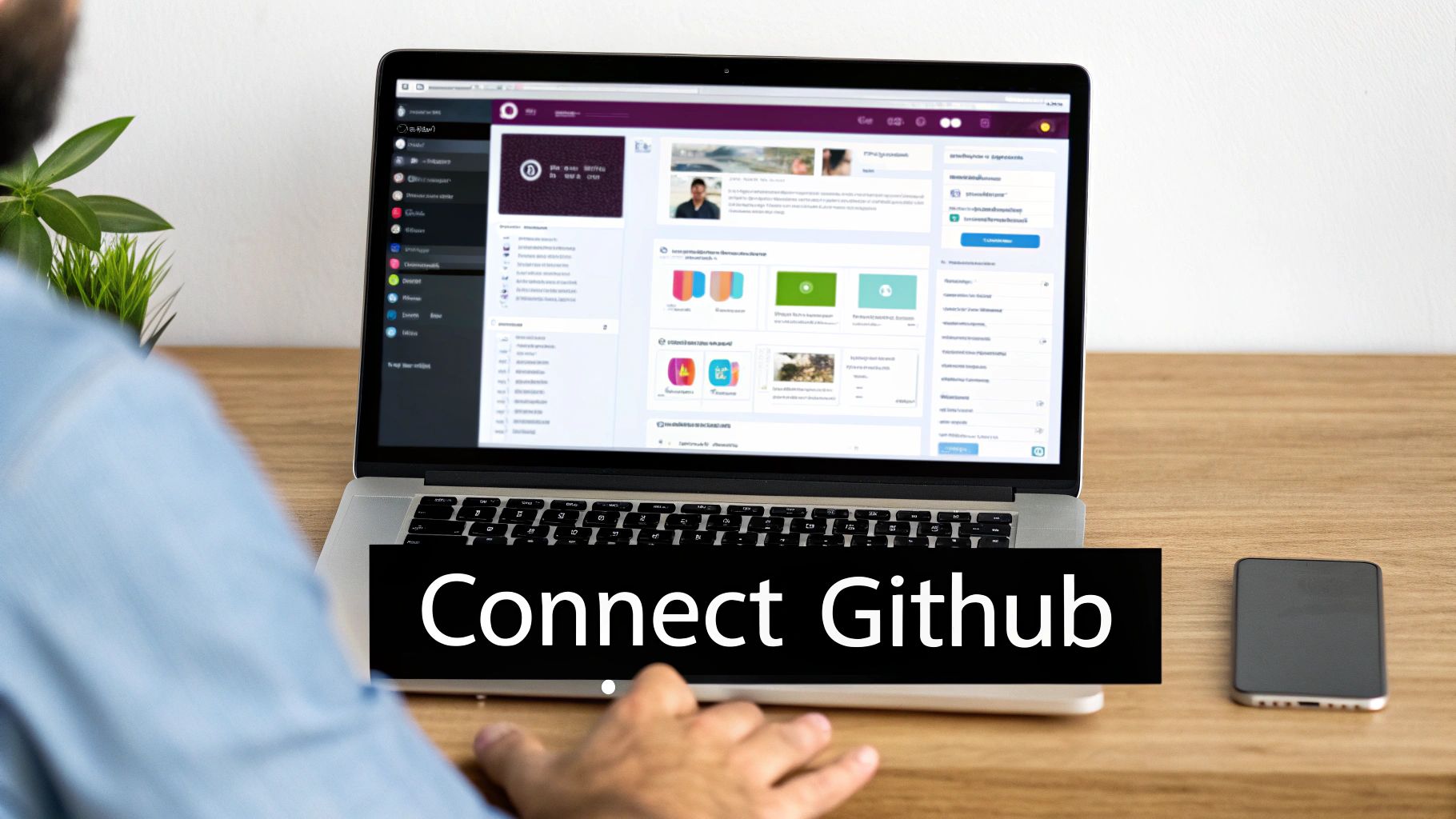 A person's hands on a laptop displaying a dashboard with 'Connect Github' text on the screen.