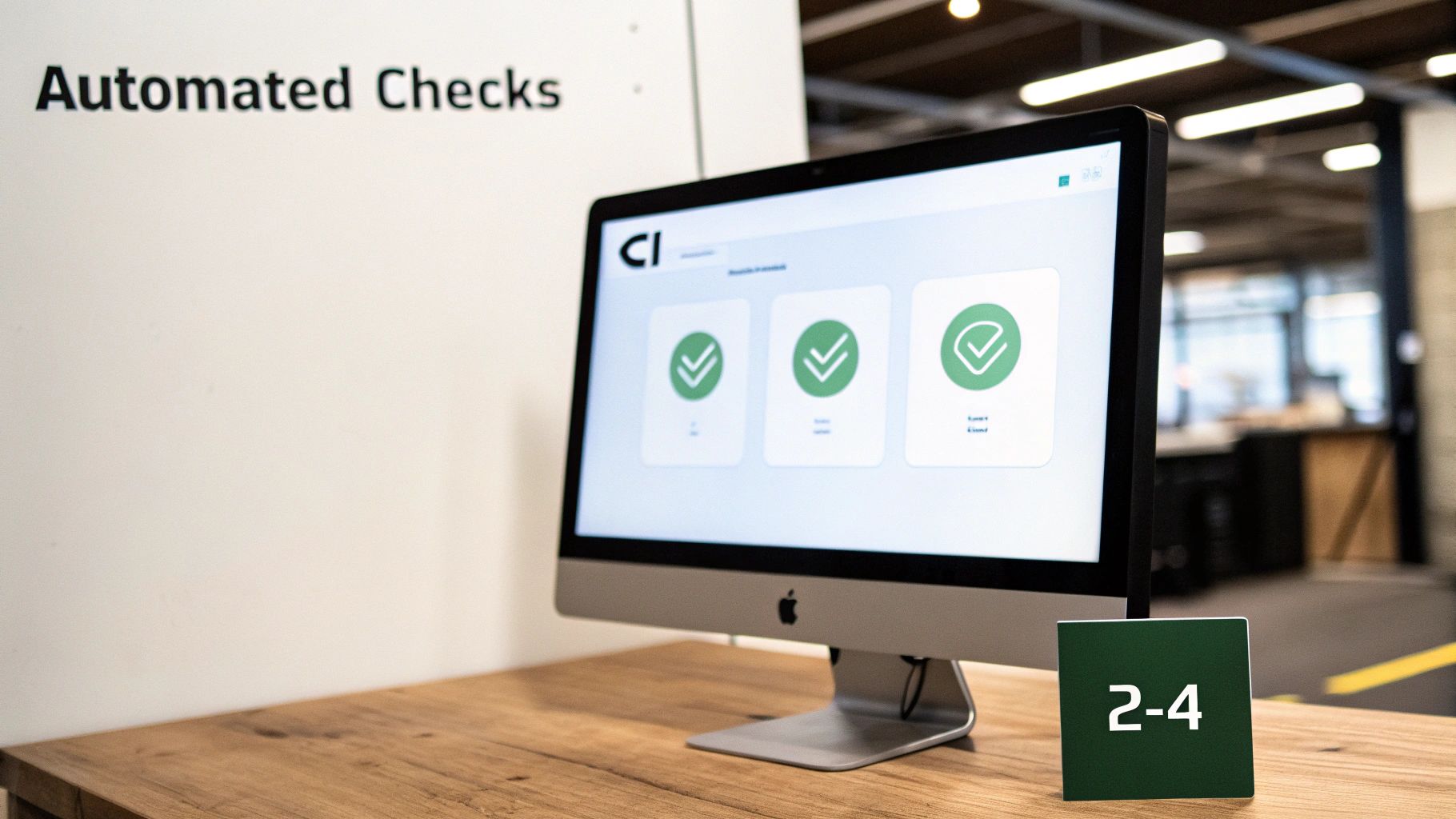 An Apple iMac displays a screen with three green checkmark icons, next to a sign for automated checks.