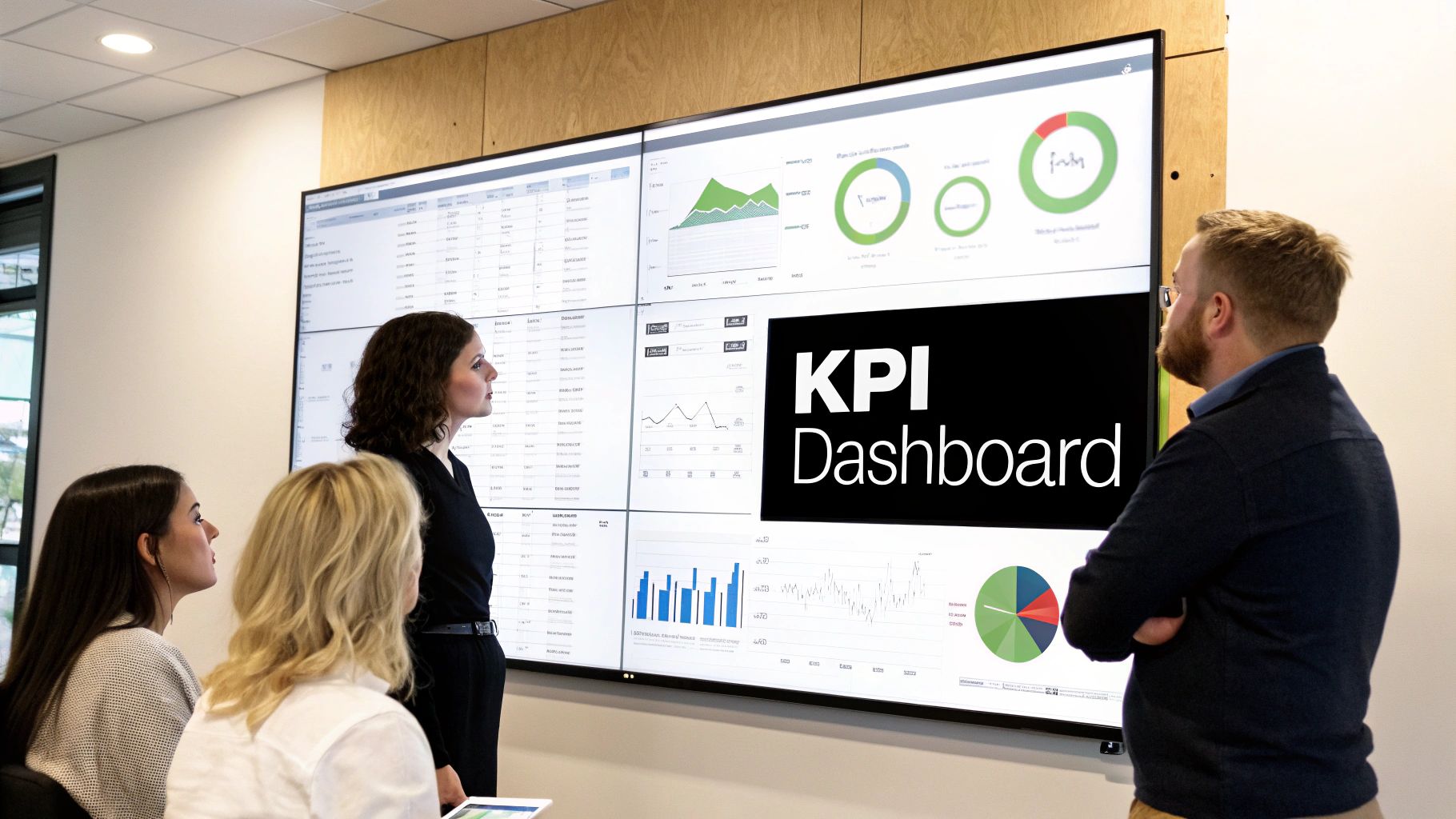 Four professionals in an office analyzing a large digital KPI dashboard displaying various charts and data.