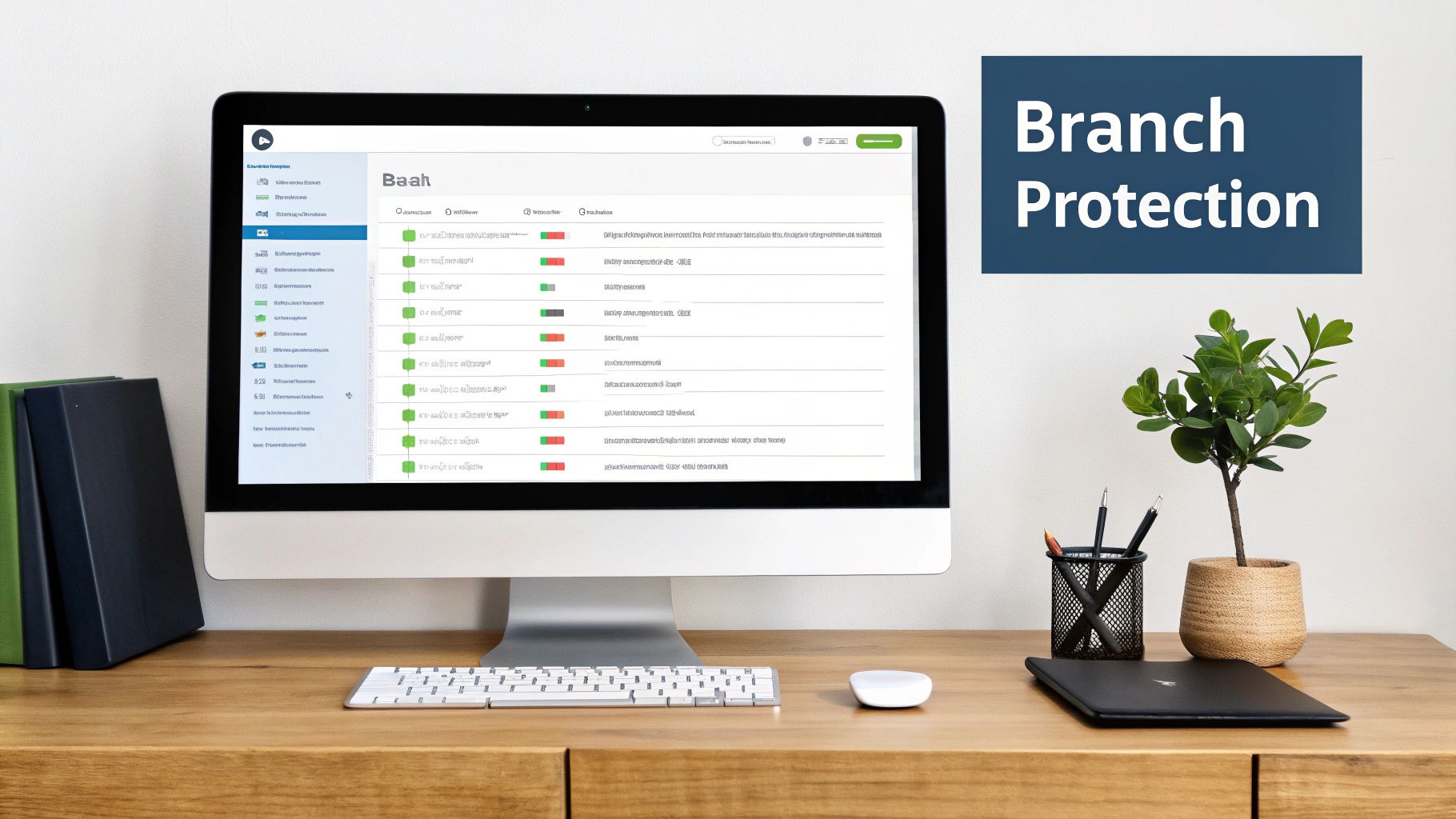 A desktop computer displaying a software interface with status indicators, next to a 'Branch Protection' sign in an office setting.