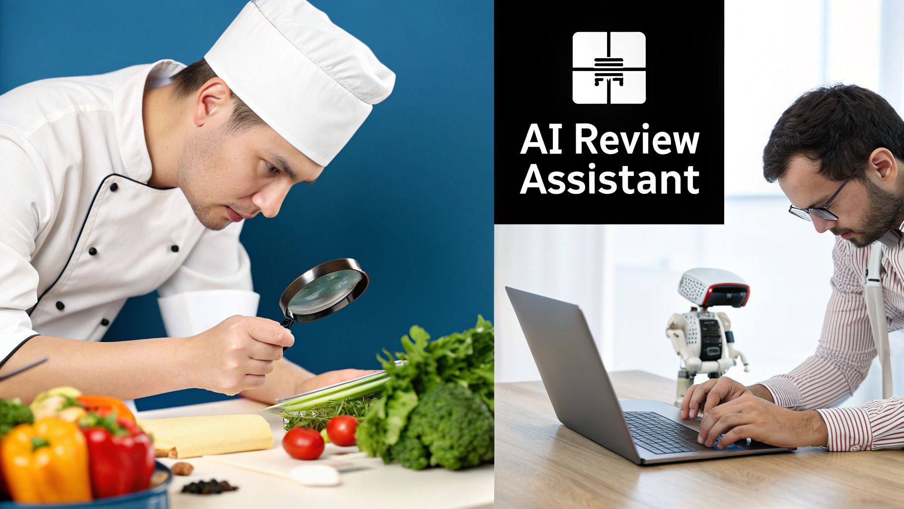 A chef inspects food with a magnifying glass, next to an 'AI Review Assistant' logo and a man coding.