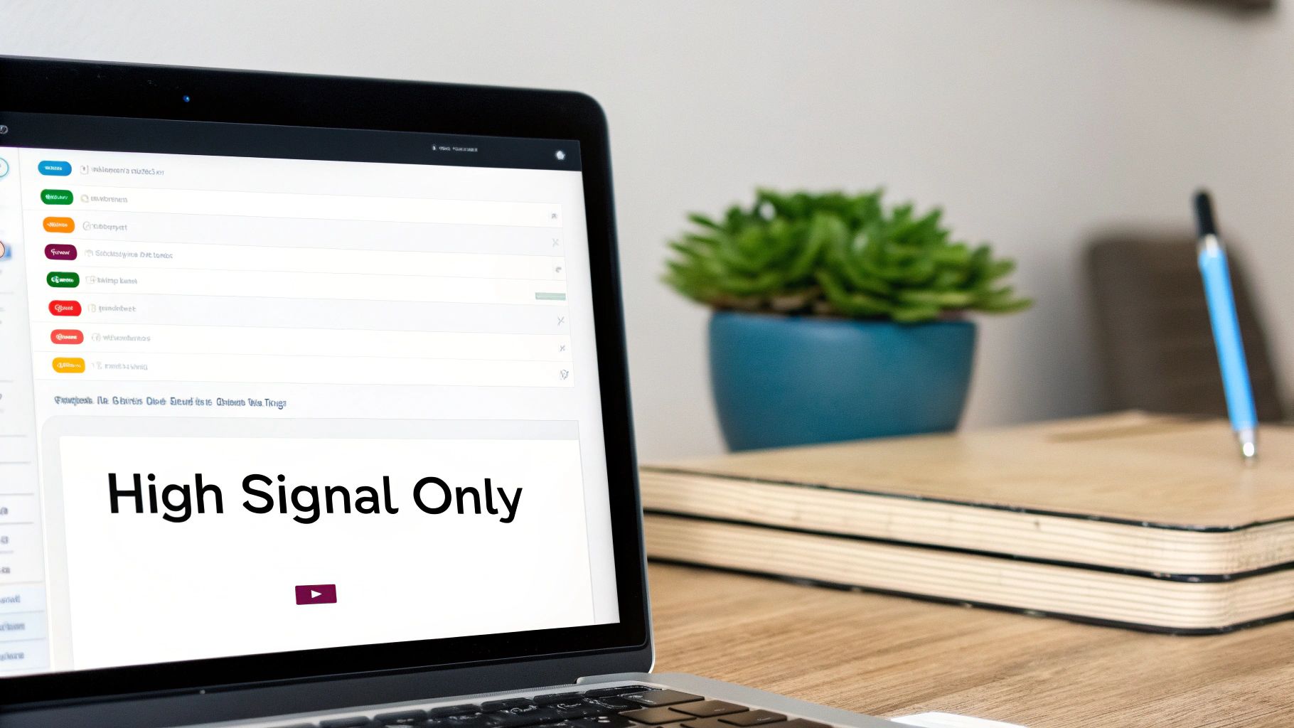 A laptop screen displays a software interface with a list and 'High Signal Only' text on a wooden desk.