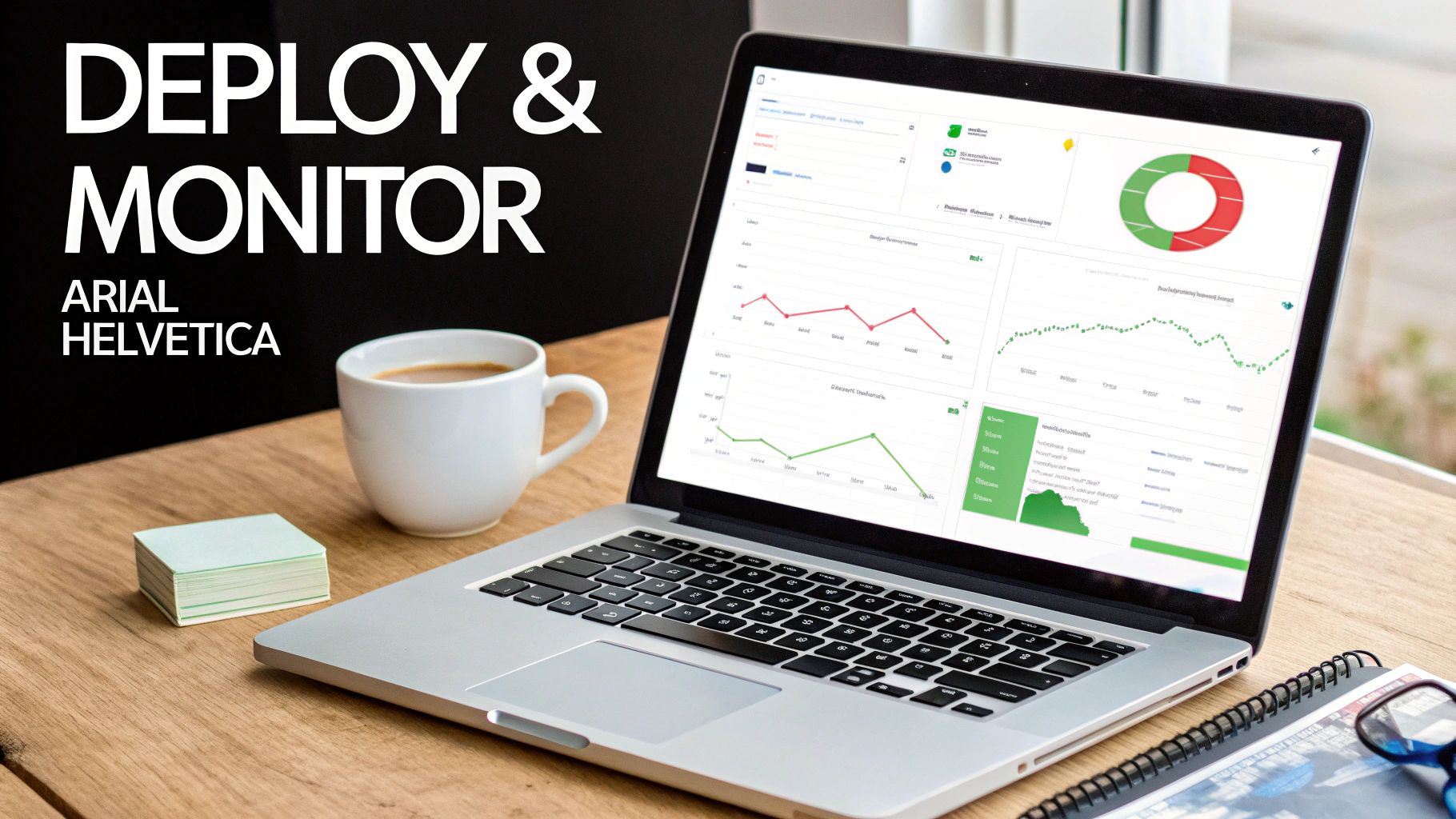 A laptop on a wooden desk displays data dashboards with graphs, next to a coffee cup and sticky notes, promoting 'DEPLOY & MONITOR'.