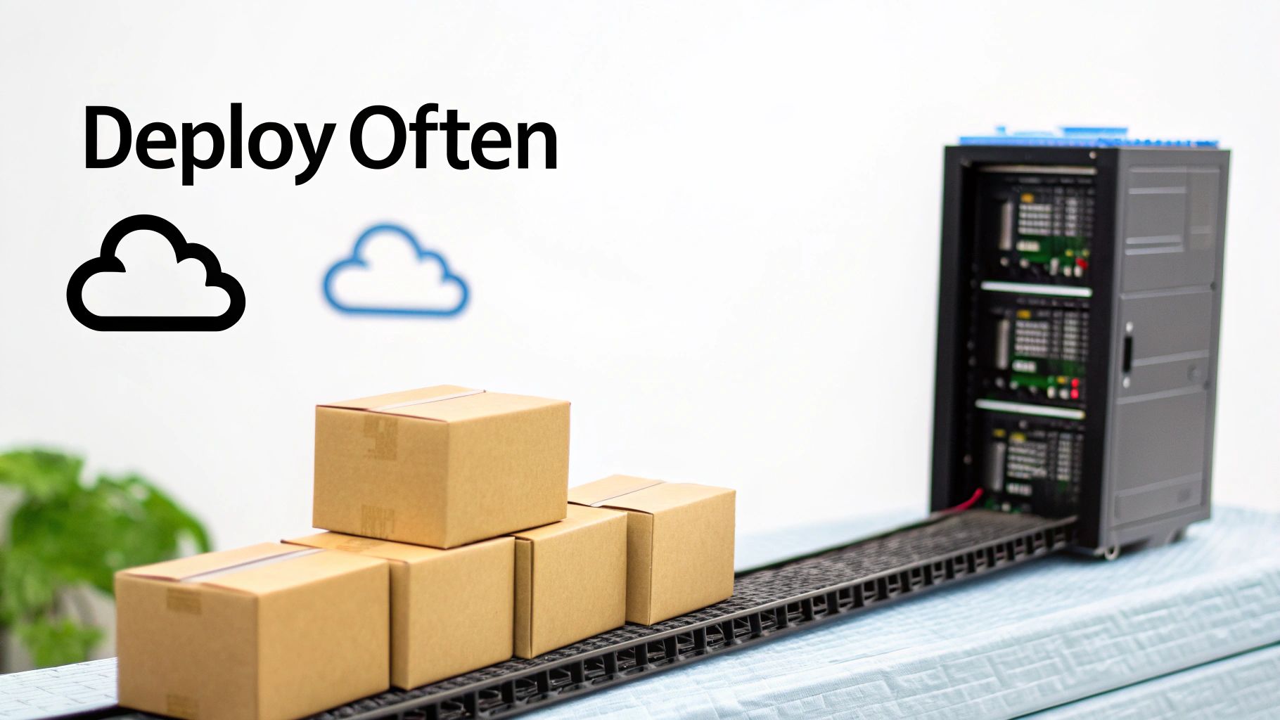 Cardboard boxes on a conveyor belt enter a server rack, with 'Deploy Often' text and cloud icons.