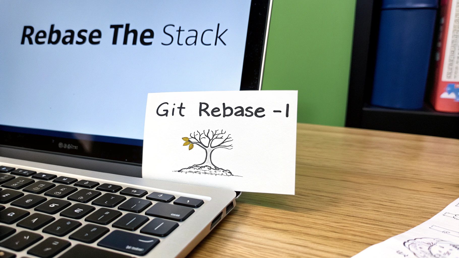 A laptop displays 'Rebase The Stack' with a note card on the keyboard reading 'Git Rebase -I' and a tree illustration.