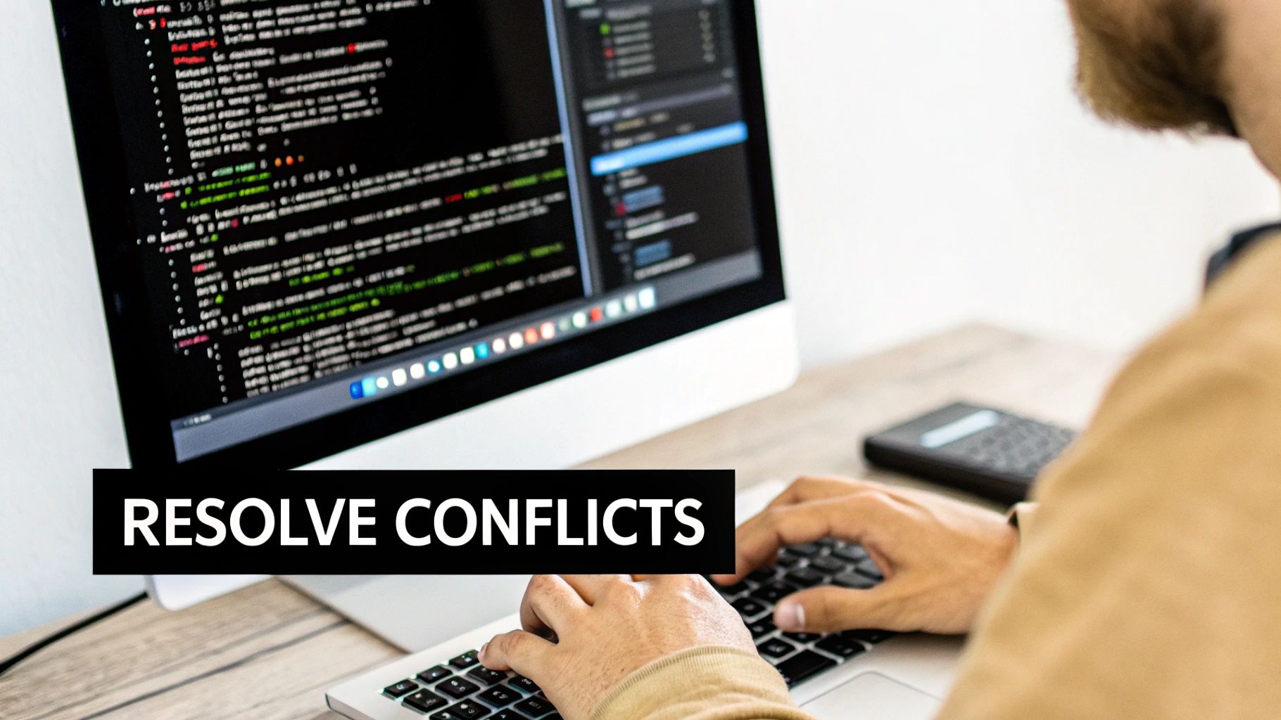 A person typing on a laptop, with a monitor showing code and 'RESOLVE CONFLICTS' overlay.