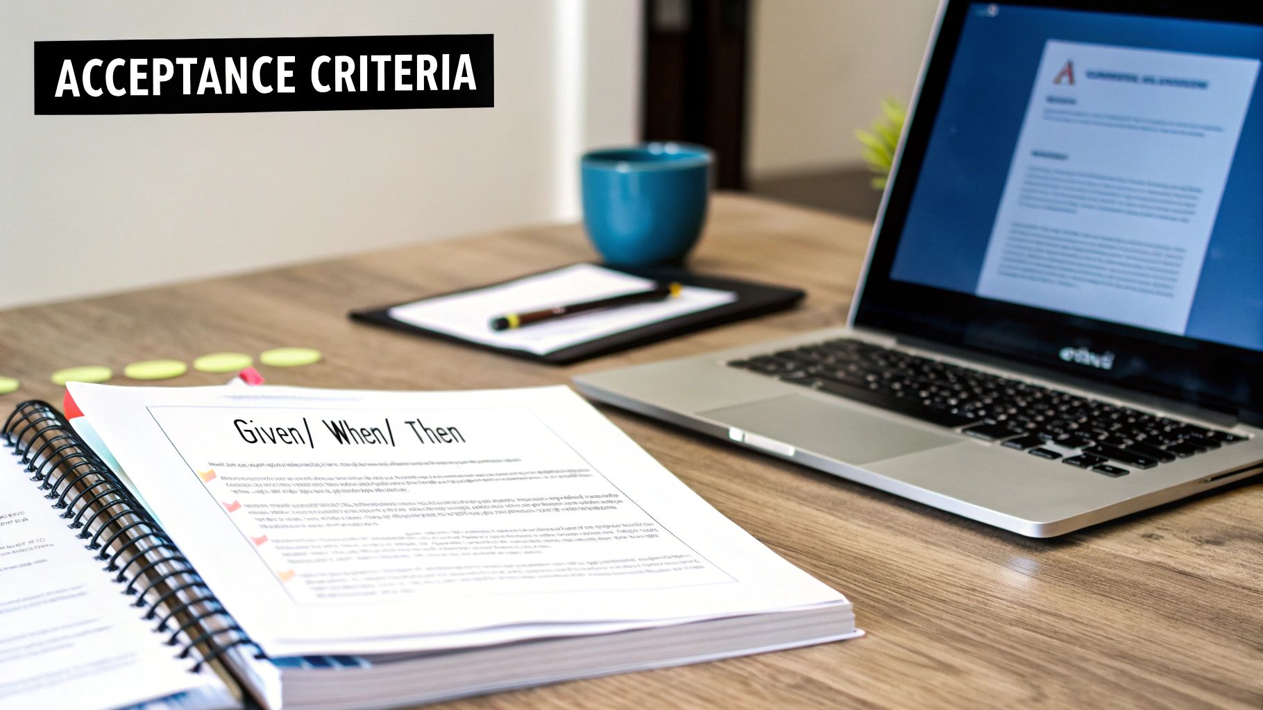 Desk setup with a laptop, notebook showing 'Given/When/Then' for acceptance criteria, and a banner.