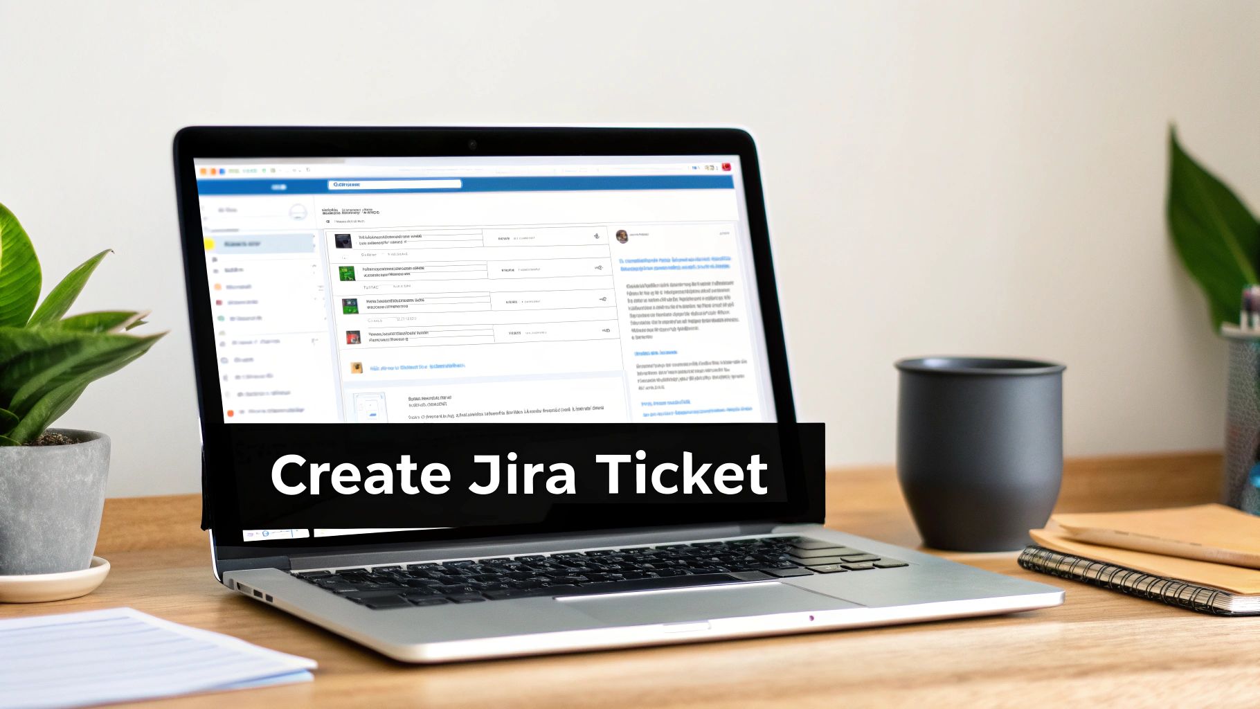 A laptop screen on a wooden desk displaying a Jira dashboard with a 'Create Jira Ticket' banner.