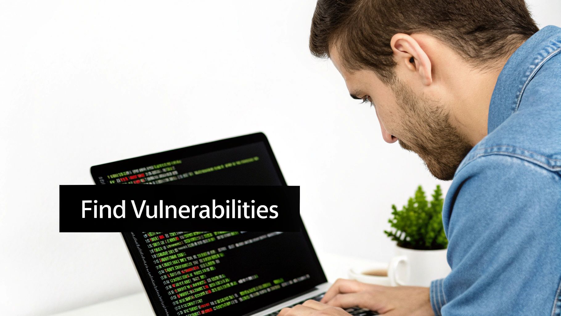 A developer analyzes code on a large screen, focused on security.