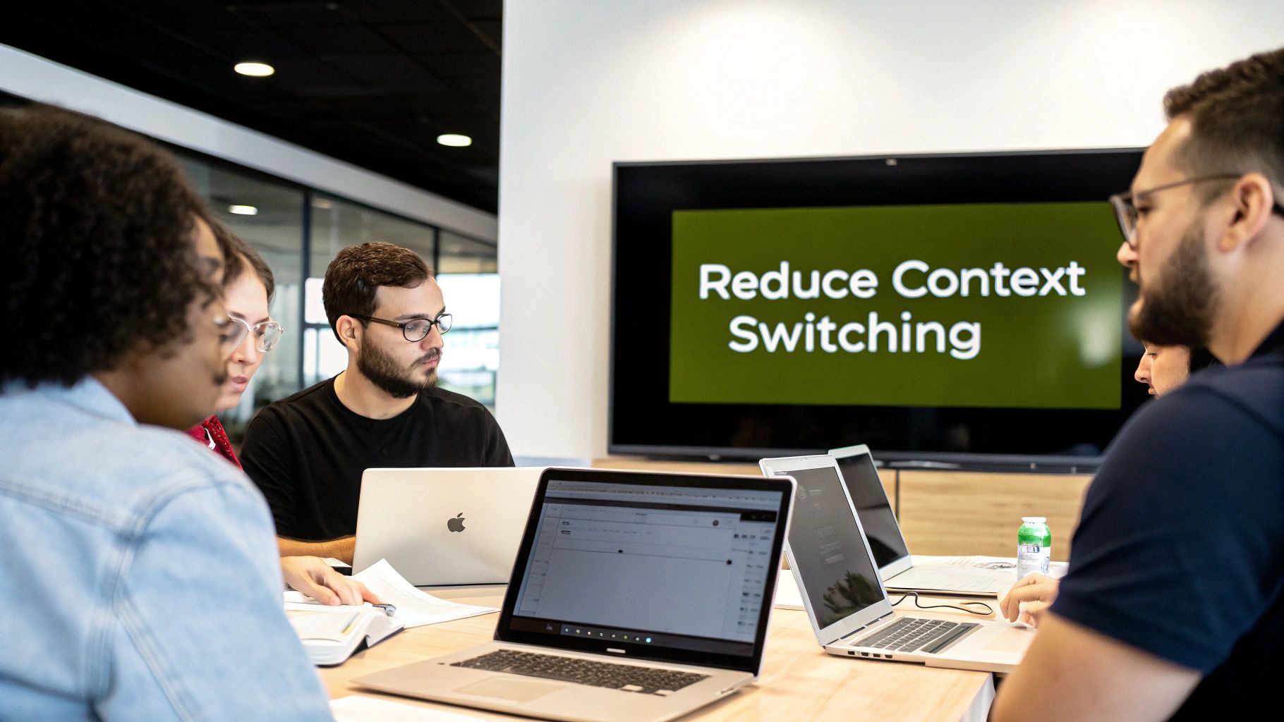 Diverse team collaborating in a modern office with laptops, a screen showing 'Reduce Context Switching'.
