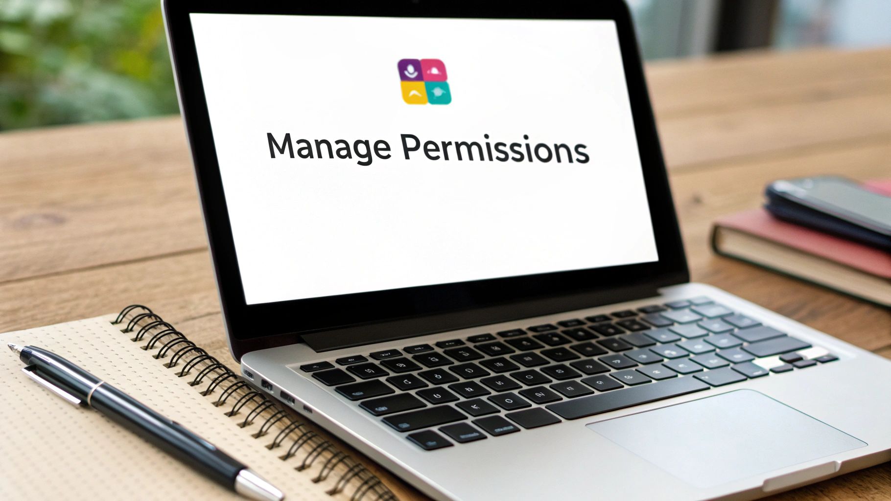 A laptop on a wooden desk displaying 'Manage Permissions' with a colorful icon, alongside a notebook and phone.