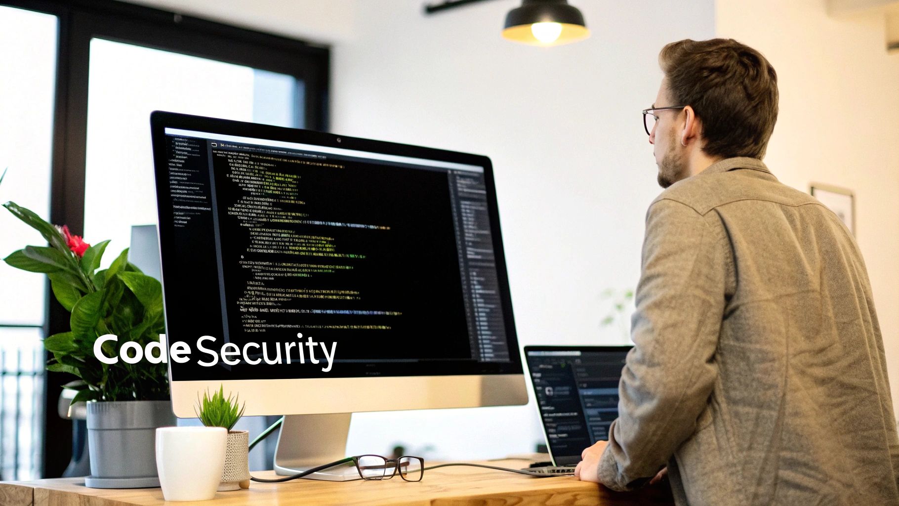 A developer in a grey jacket reviews code on a large monitor, with a laptop and plants on a wooden desk.