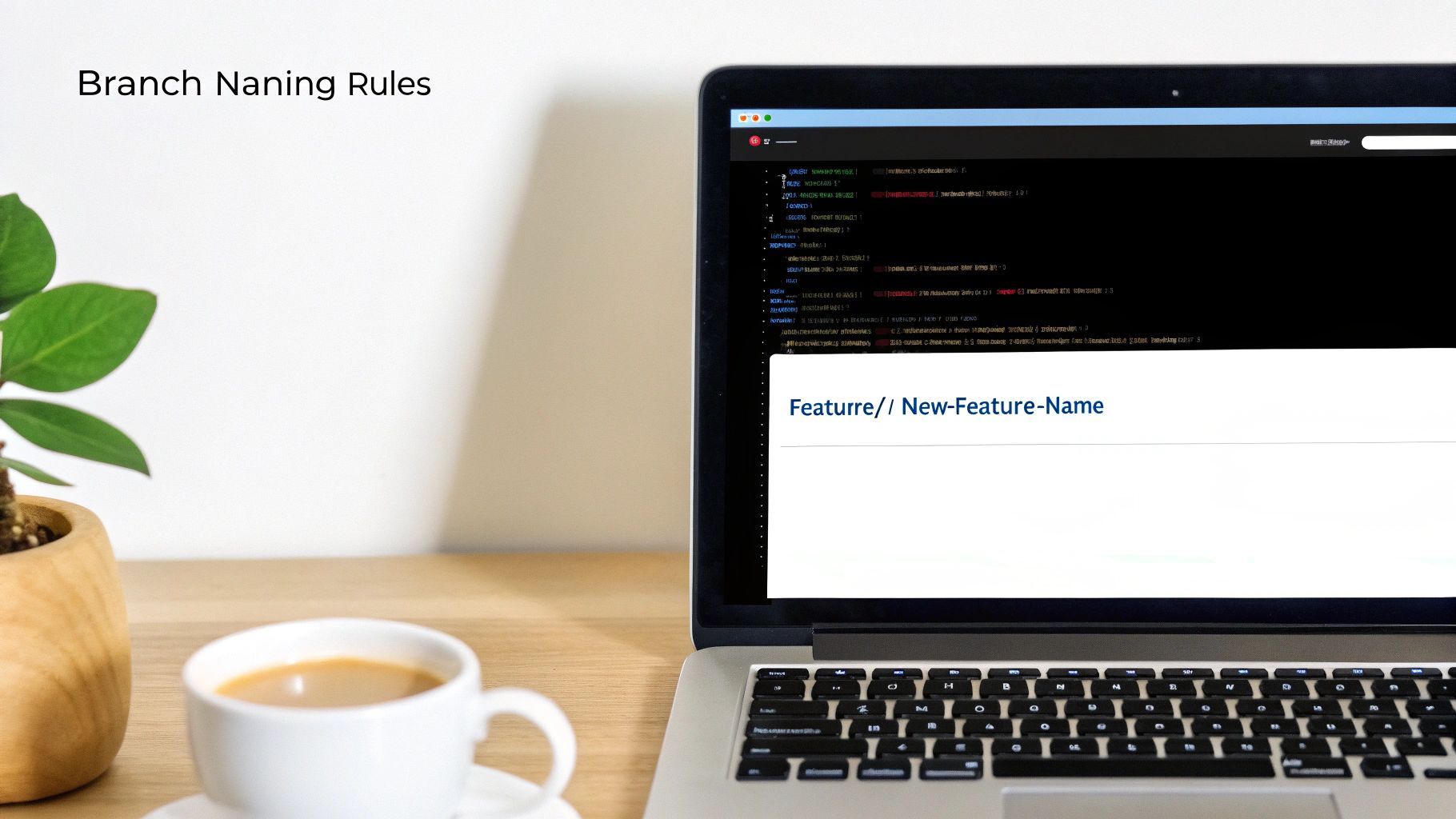 A laptop screen displays branch naming rules for Git, showing code and "Feature// New-Feature-Name".