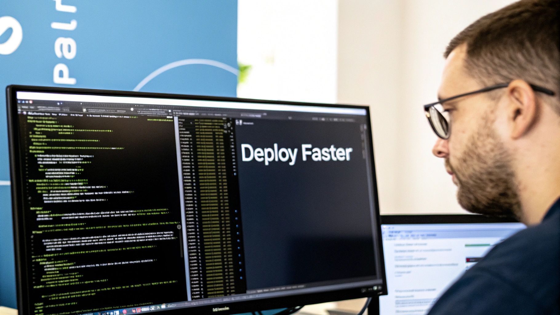 A man in glasses looks intently at a computer screen displaying code and 'Deploy Faster' text.