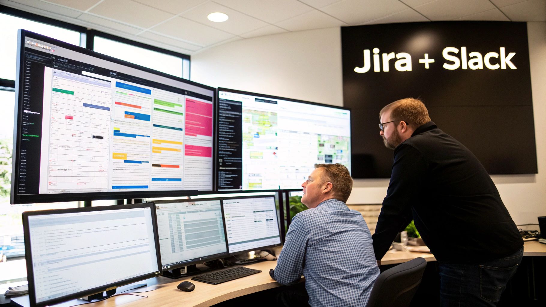 Two men in an office collaborating, viewing multiple large monitors with data. A Jira + Slack sign is visible.