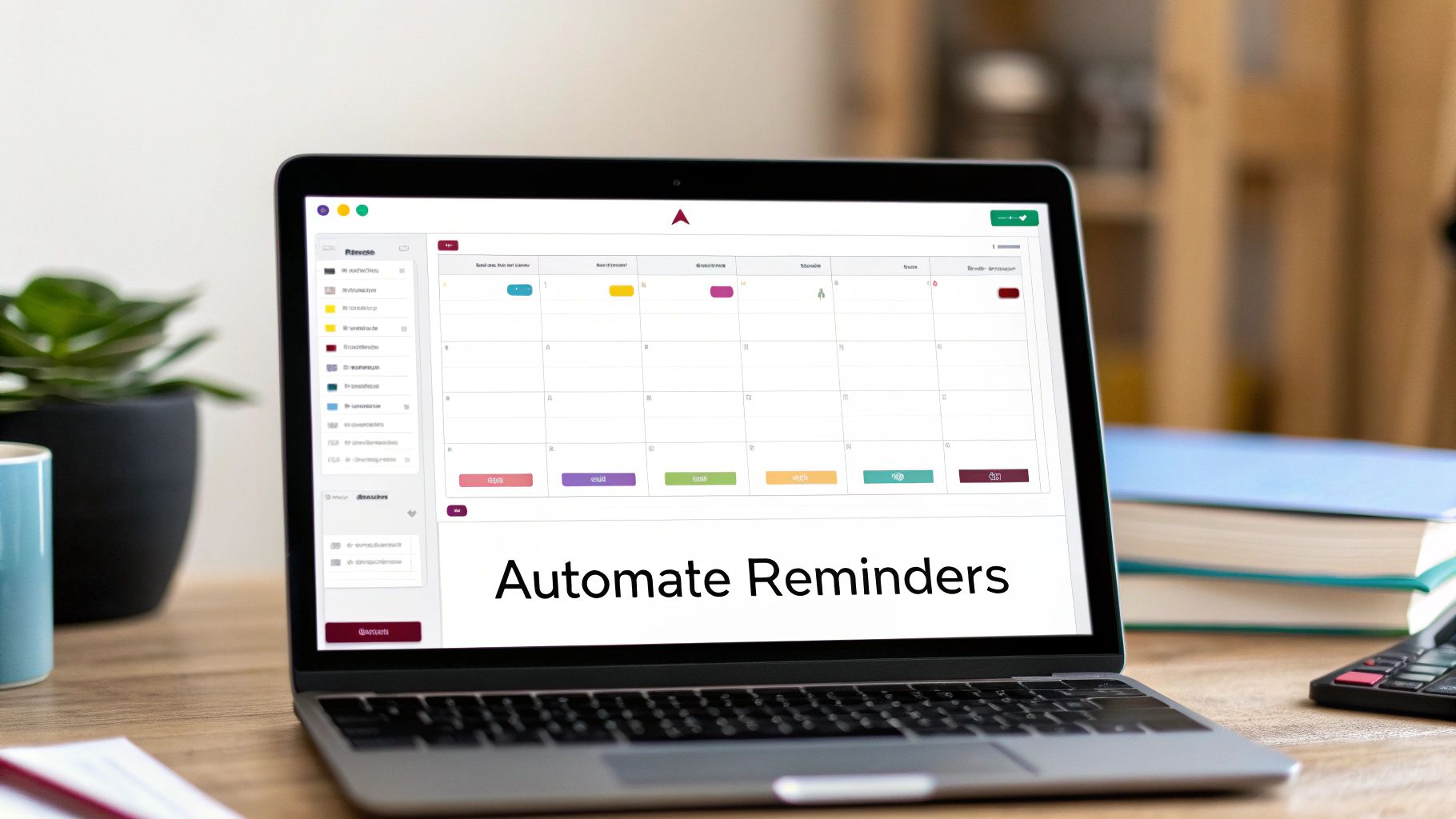 A laptop displays a calendar application with 'Automate Reminders' text, showing a scheduling interface.