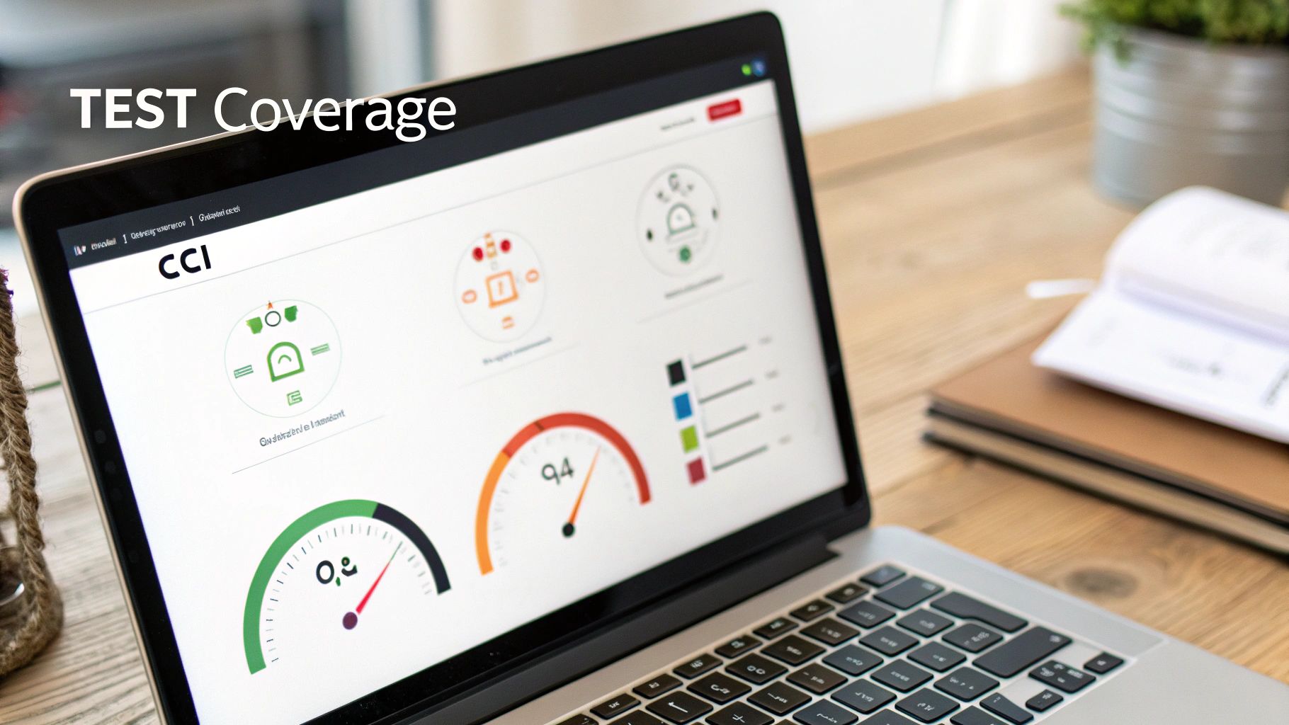 Laptop displaying a dashboard with test coverage metrics and KPIs on a wooden desk.