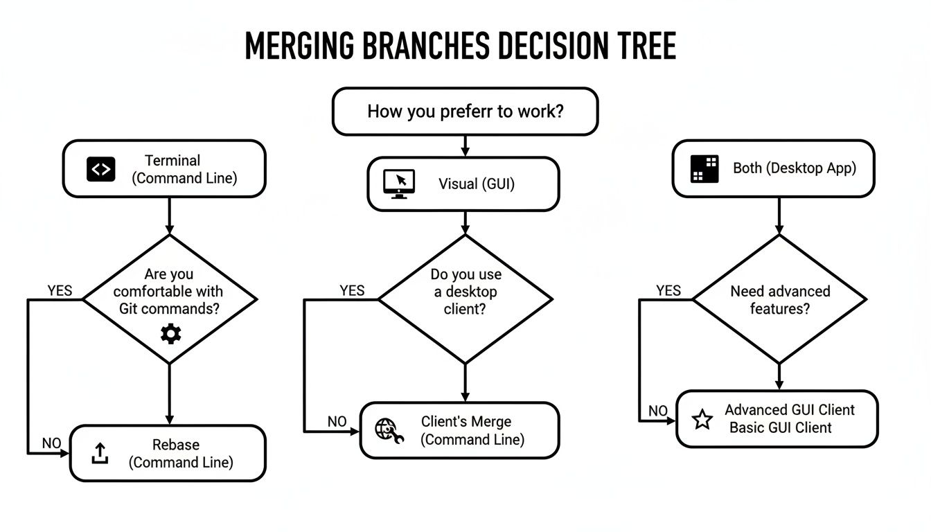 A decision tree flowchart titled 'Merging Branches Decision Tree' guiding users on Git branch merging.