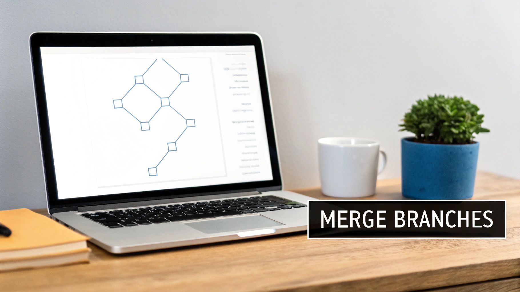 A laptop screen displays a git branch diagram with 'MERGE BRANCHES' overlay, alongside a coffee cup, plant, and book.