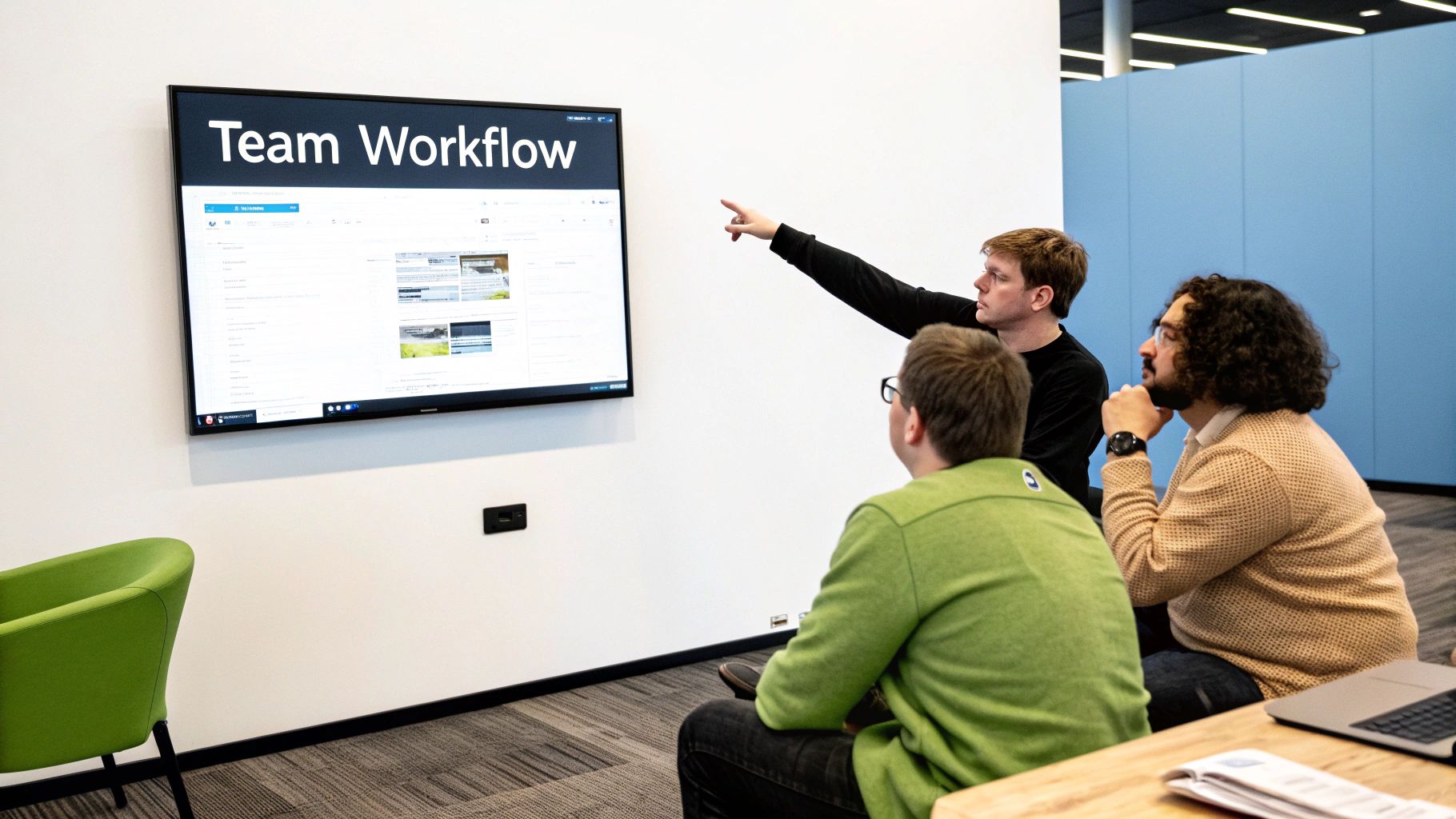 Three men collaborate in an office, discussing 'Team Workflow' on a large screen.