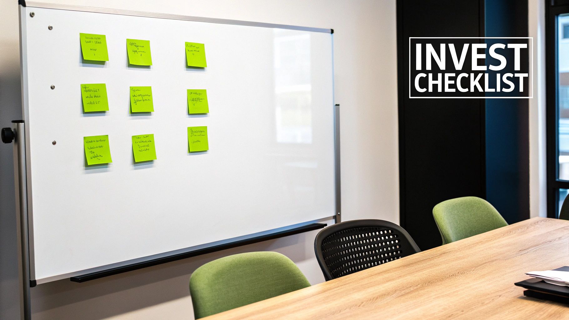 A bright meeting room with a whiteboard covered in green sticky notes and an 'INVEST CHECKLIST' sign.
