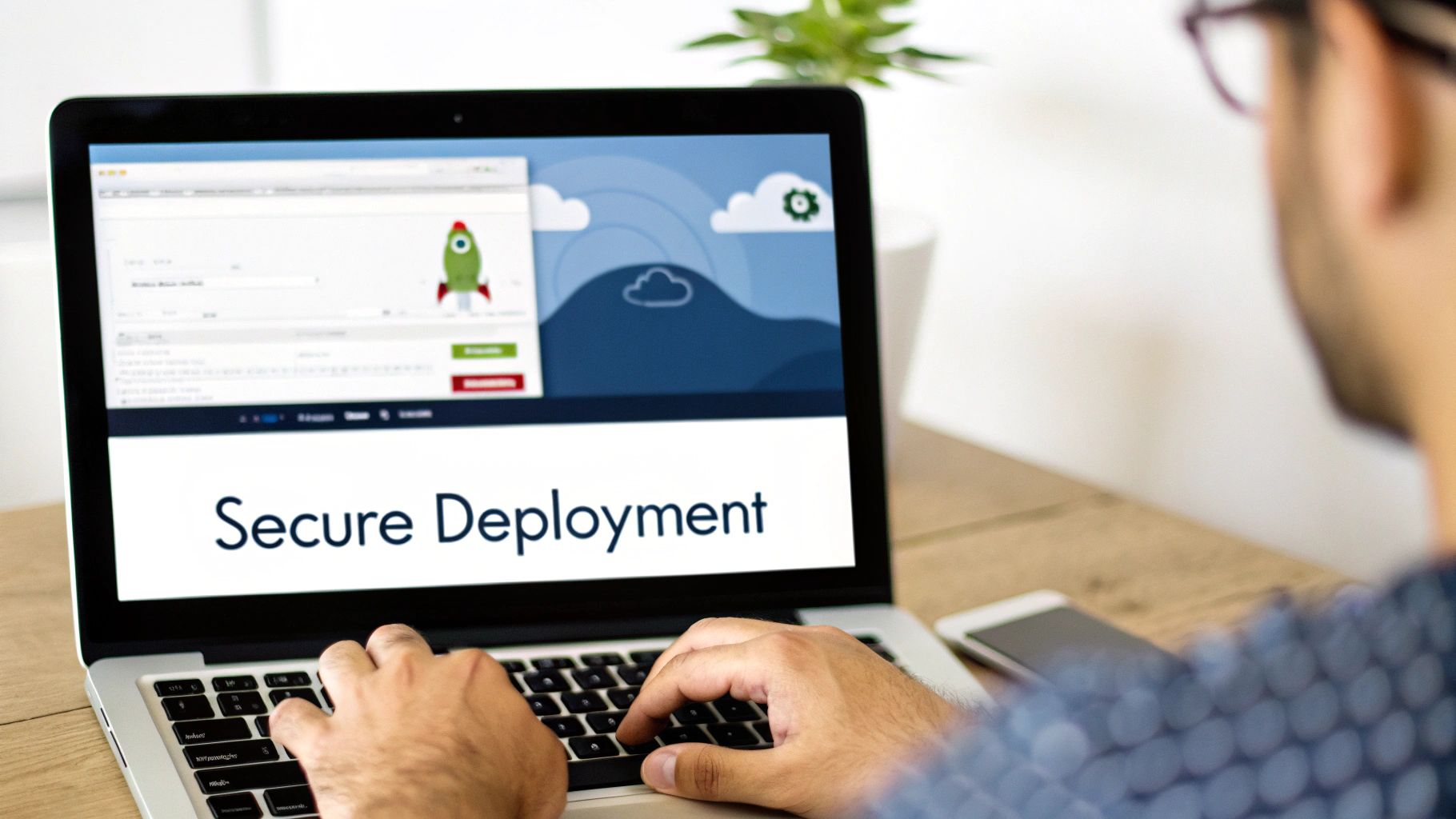 A person typing on a laptop displaying 'Secure Deployment' with a rocket and cloud icons.