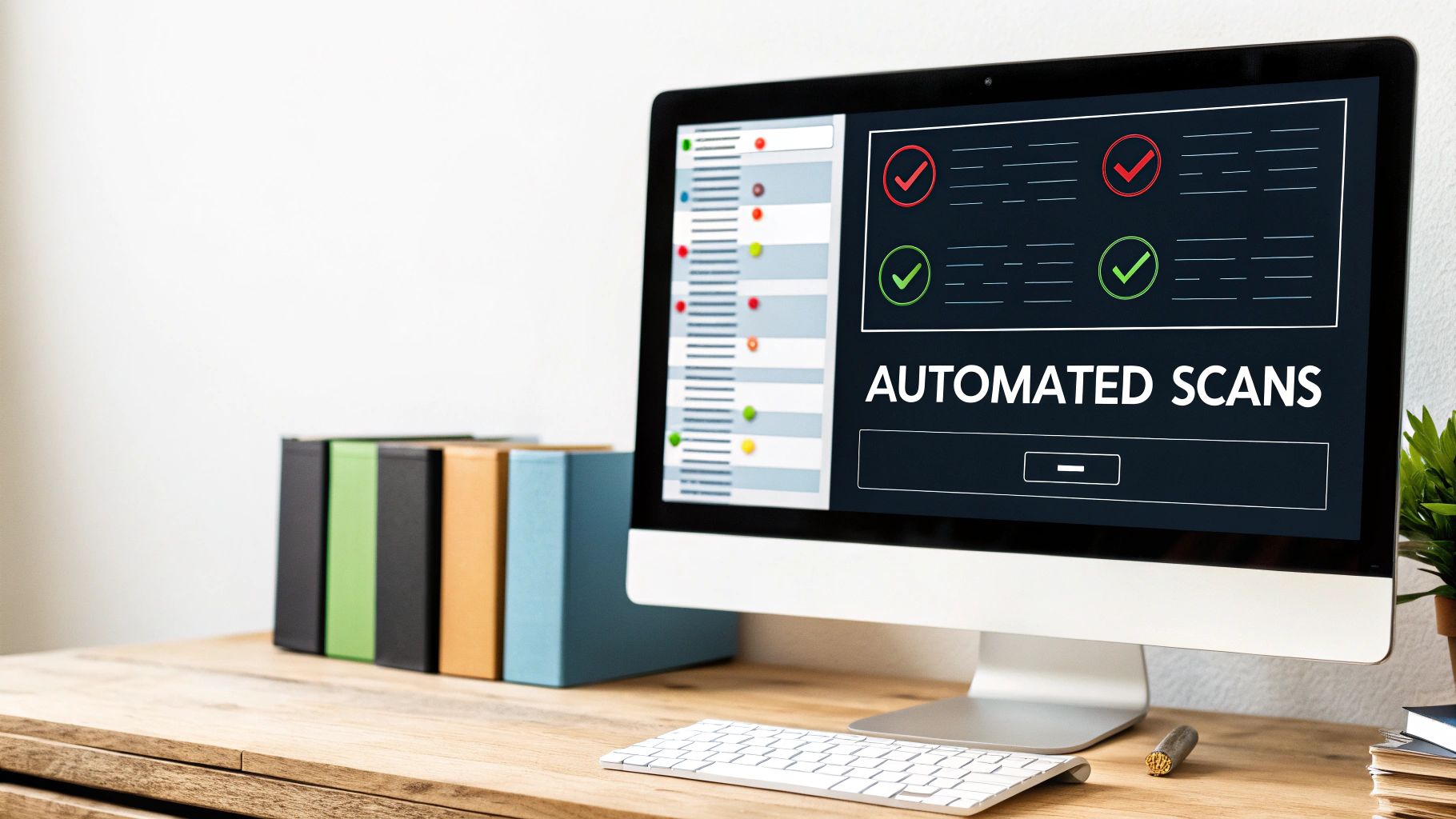 A developer looking at a screen with code and automated tool results, symbolizing the integration of automation in code reviews.