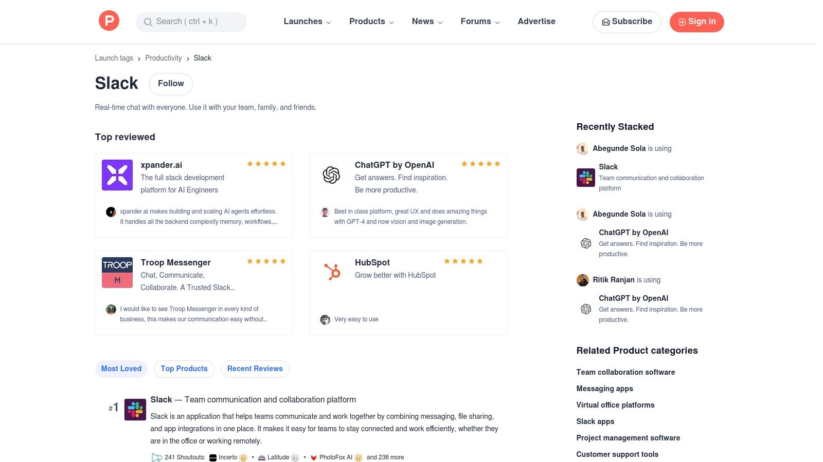 Product Hunt – Slack topic