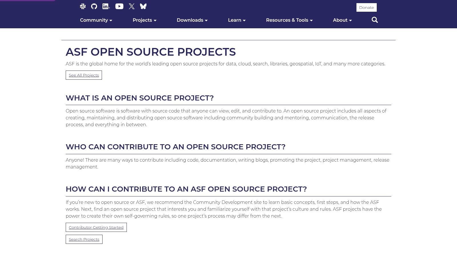 Apache Software Foundation (project directories + contributor guides)