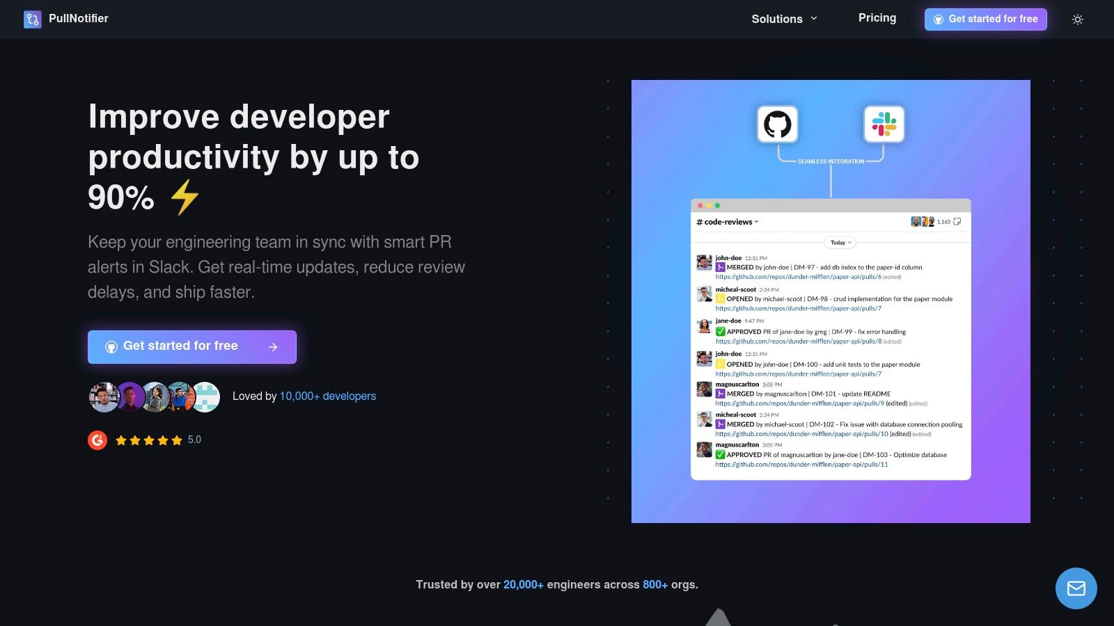 PullNotifier's Slack integration showing a concise, in-place pull request notification with clear status and reviewer information.