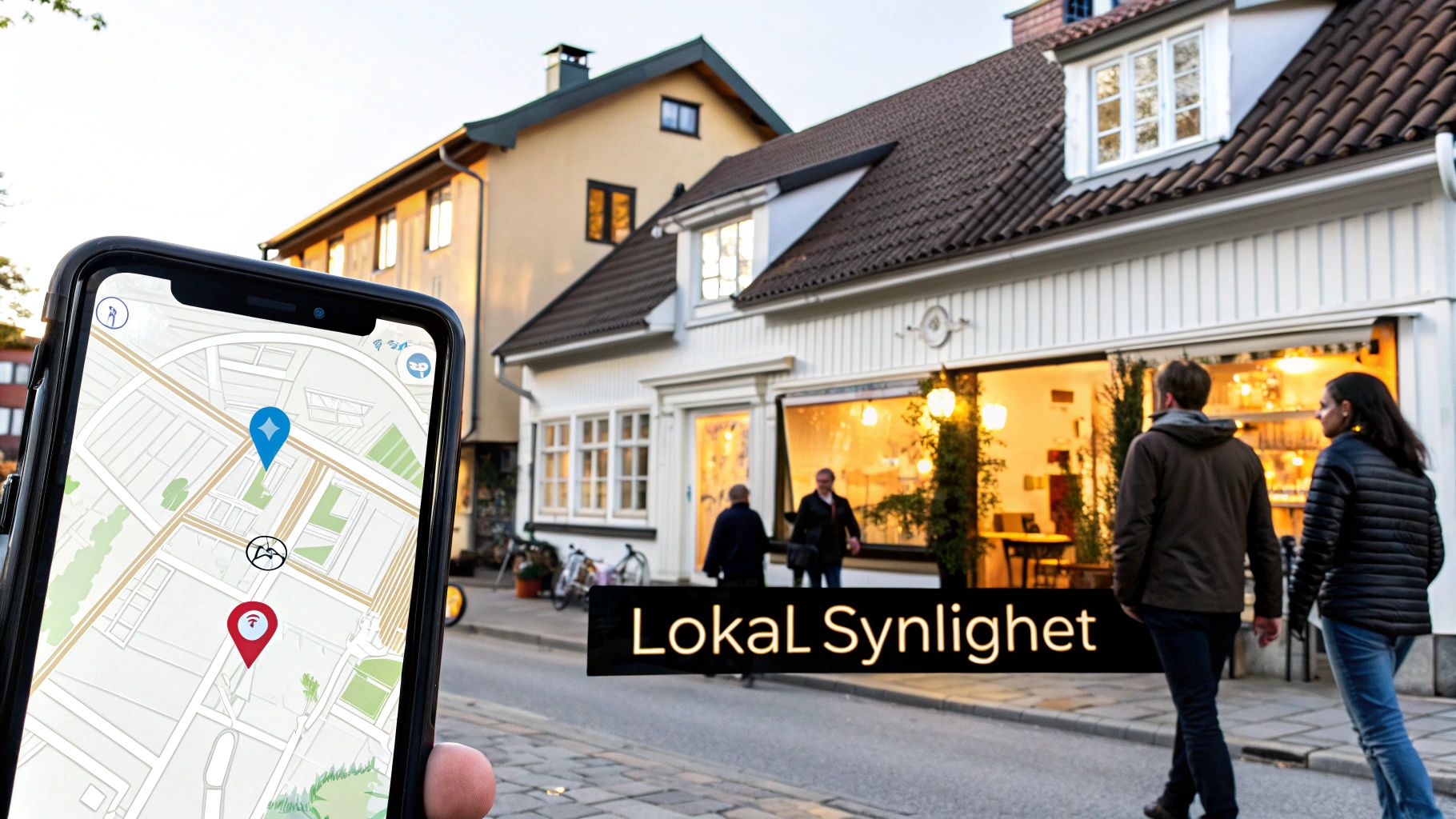 Person holder mobiltelefon med kartapp som viser lokasjoner og folk i bymiljø med teksten Lokal Synlighet.
