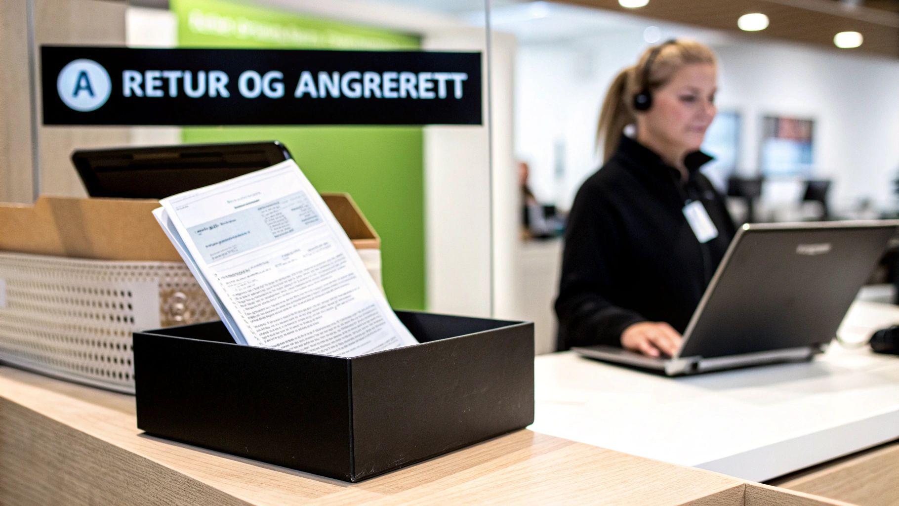 En ansatt med headset jobber ved en kundeservicedisk med skilt 'RETUR OG ANGRERETT' og papirer.