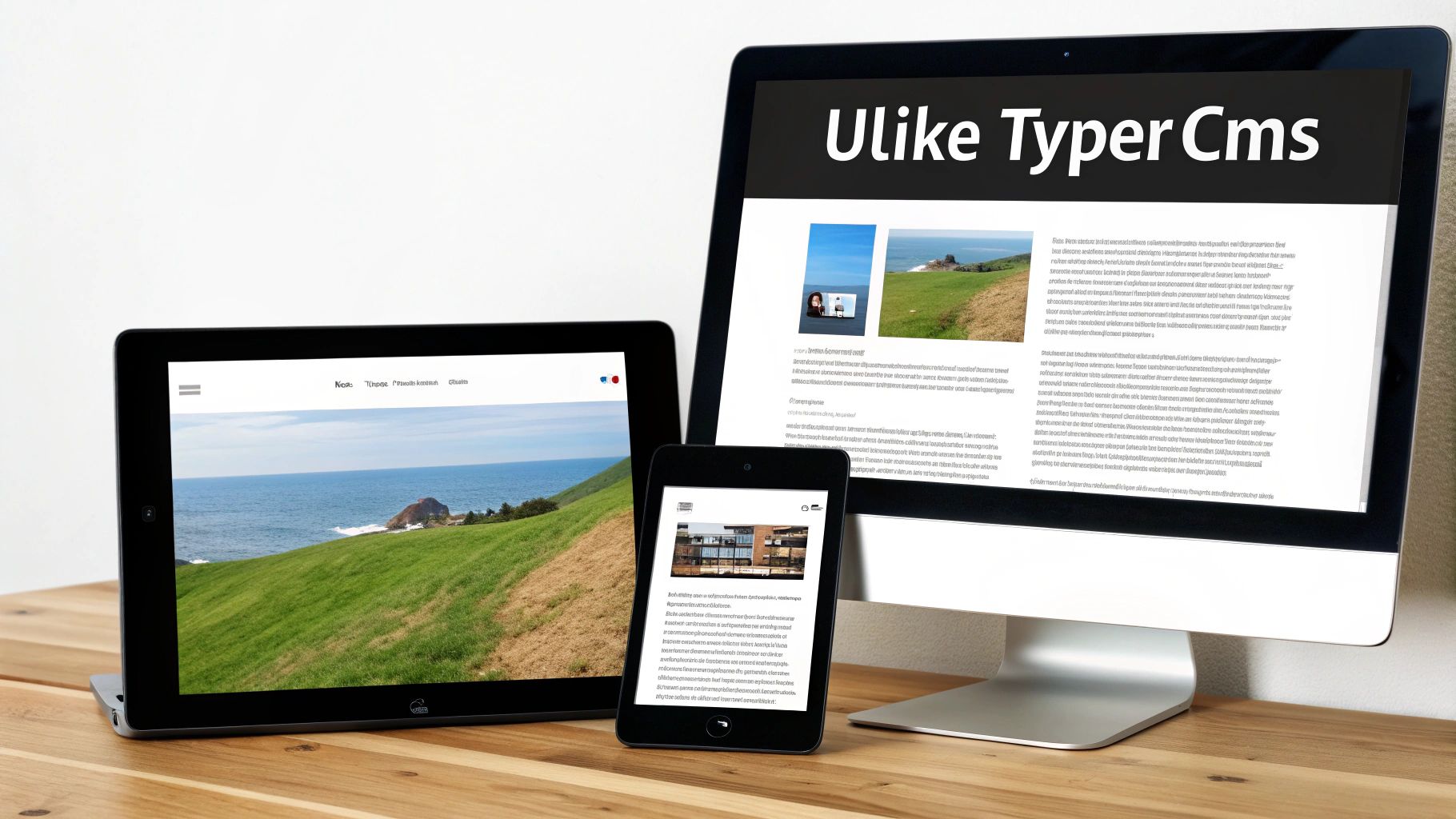 Digitale enheter viser nettsider, inkludert en stor skjerm, nettbrett og smarttelefon, som demonstrerer et CMS.