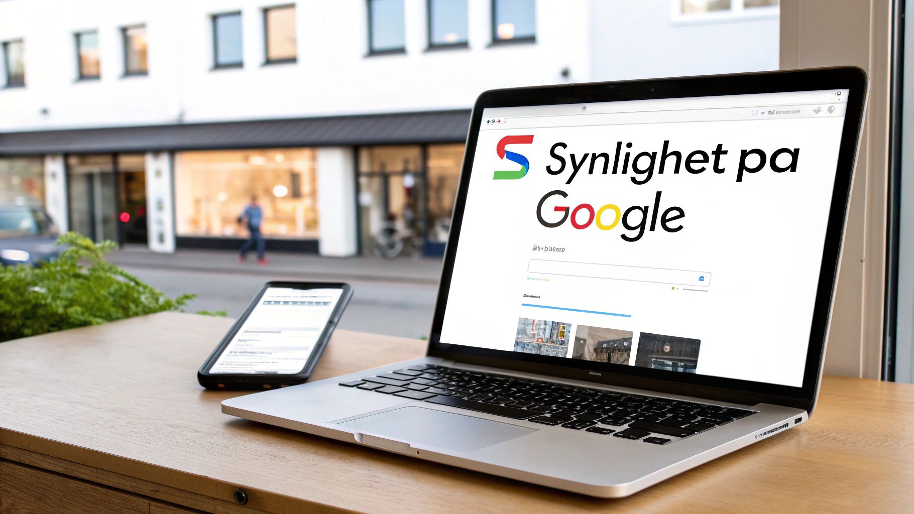 En bærbar PC og smarttelefon på et utendørs trebord viser Googles søkeside om synlighet.