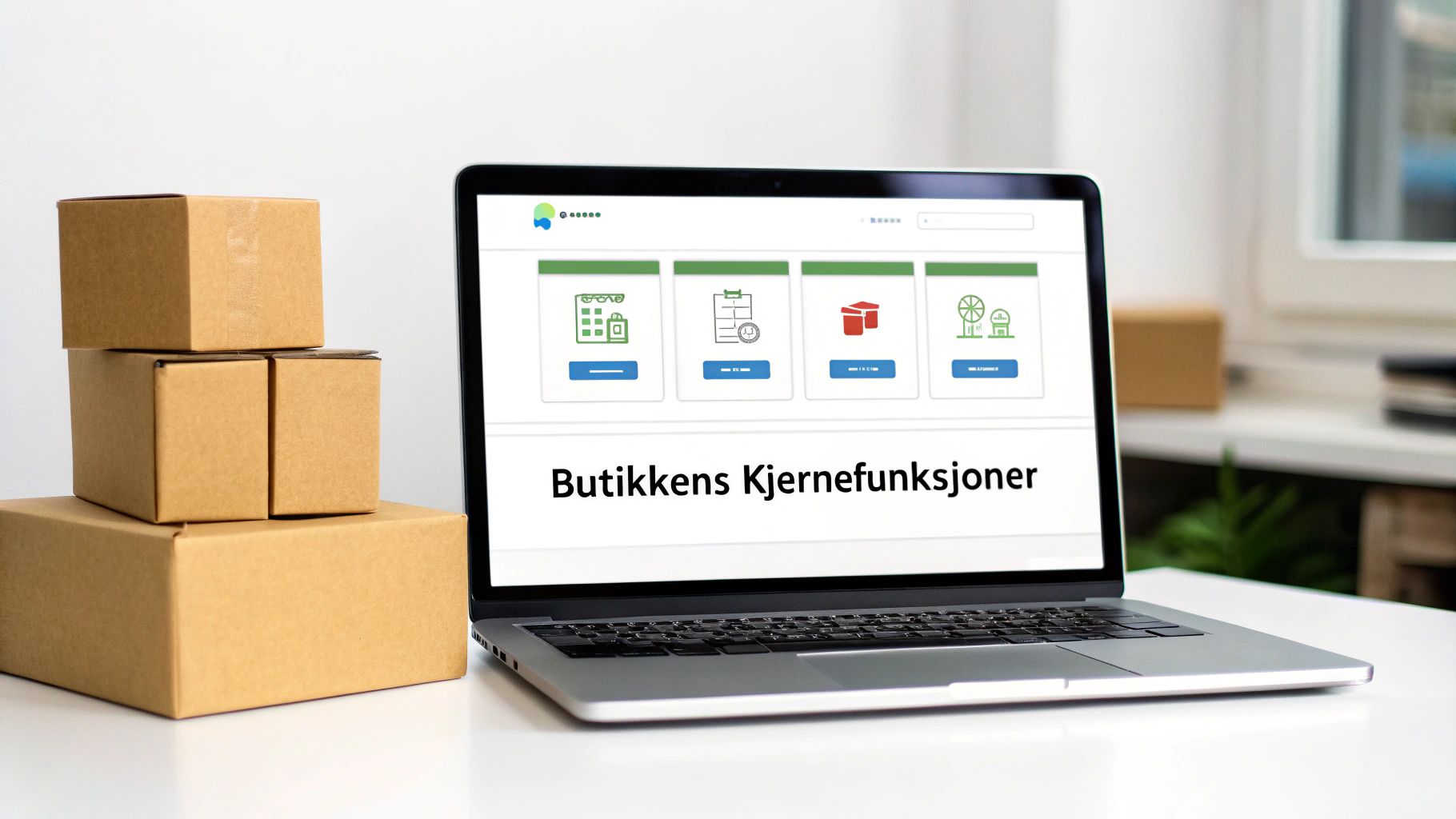 En laptop viser nettsiden med overskriften 'Butikkens Kjernefunksjoner' og ikoner, ved siden av en stabel brune esker.