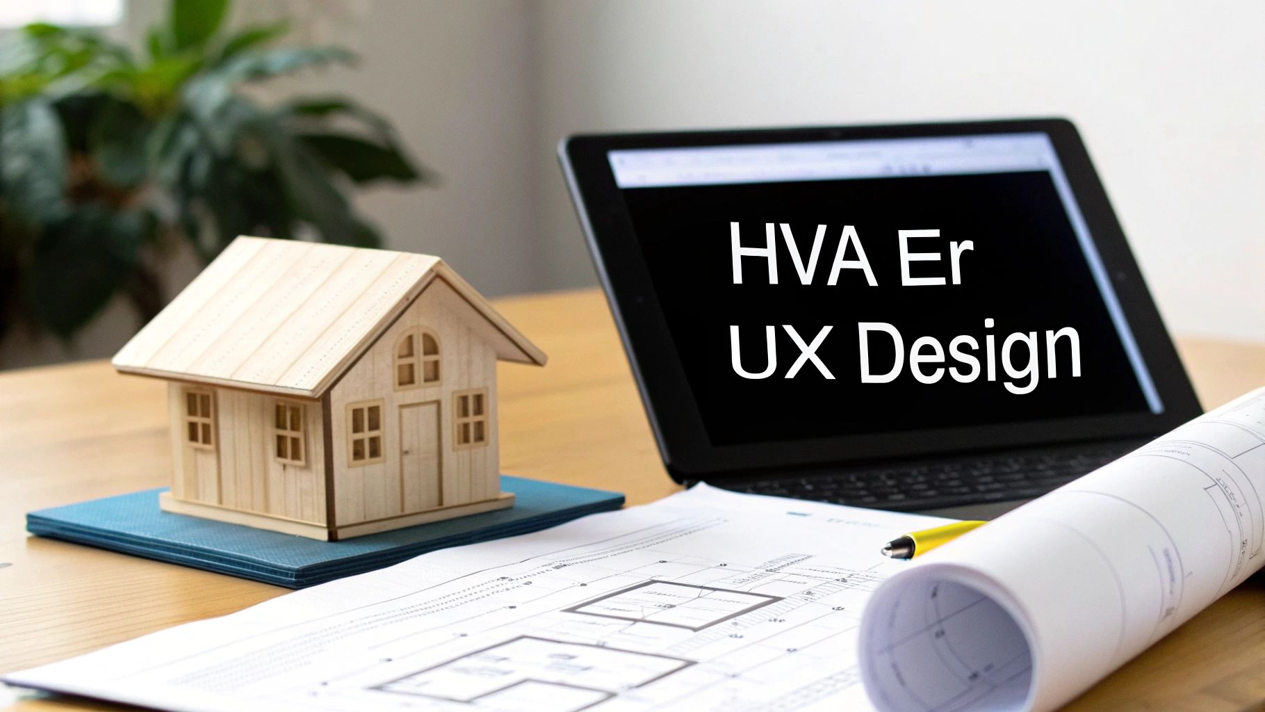 Arbeidsbord med modellhus, laptop som viser 'HVA Er UX Design', og rullede arkitekttegninger.