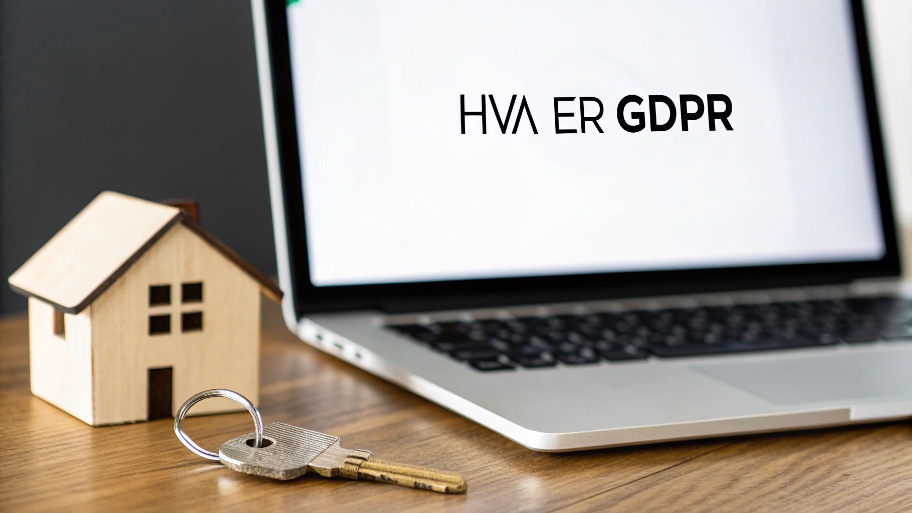 Et lite trehus, en nøkkel og en bærbar PC med teksten 'HVA ER GDPR' på skjermen.