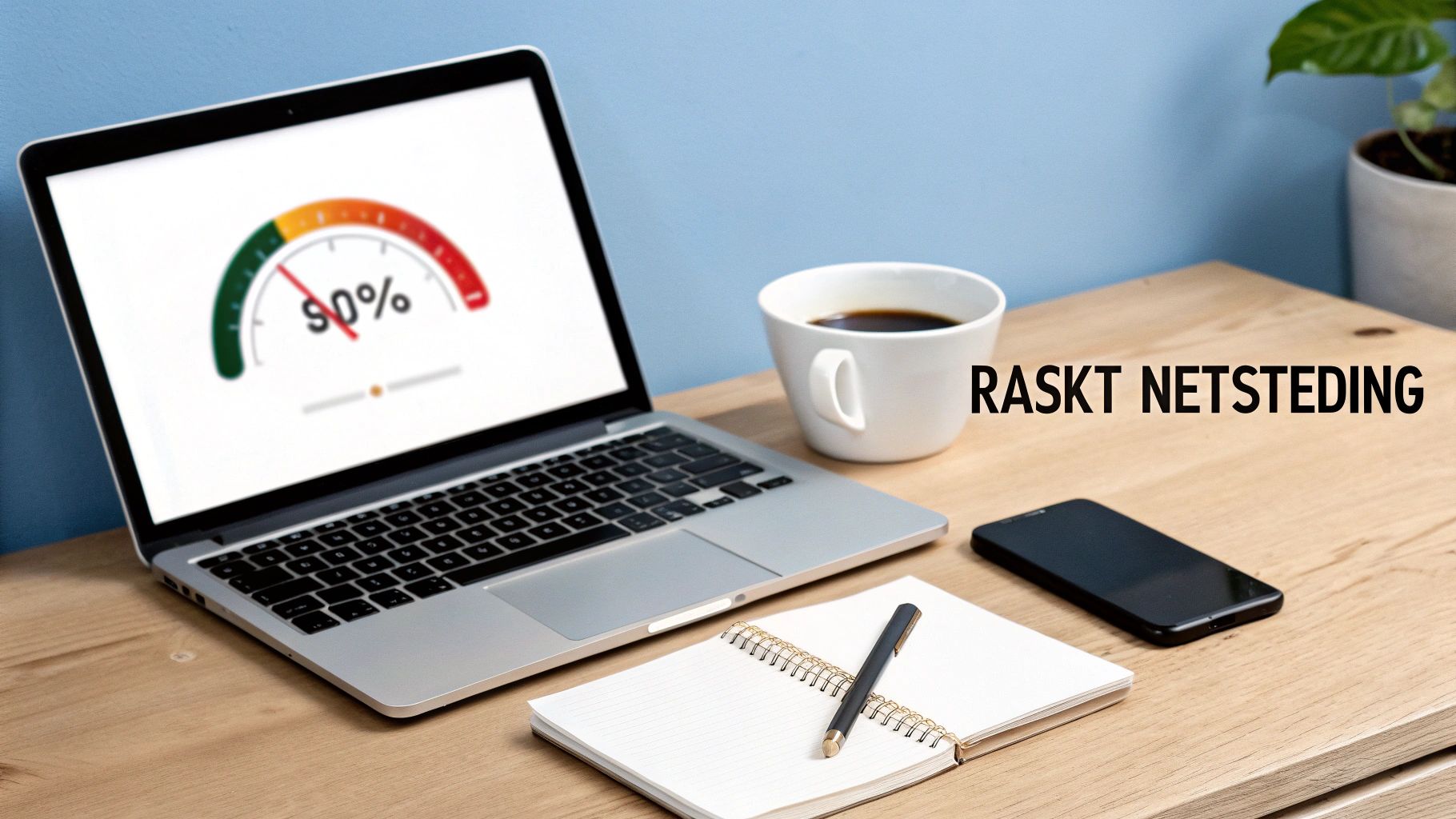 En bærbar PC viser en hastighetsmåler på 90%, sammen med kaffe, notatbok og smarttelefon på et skrivebord.