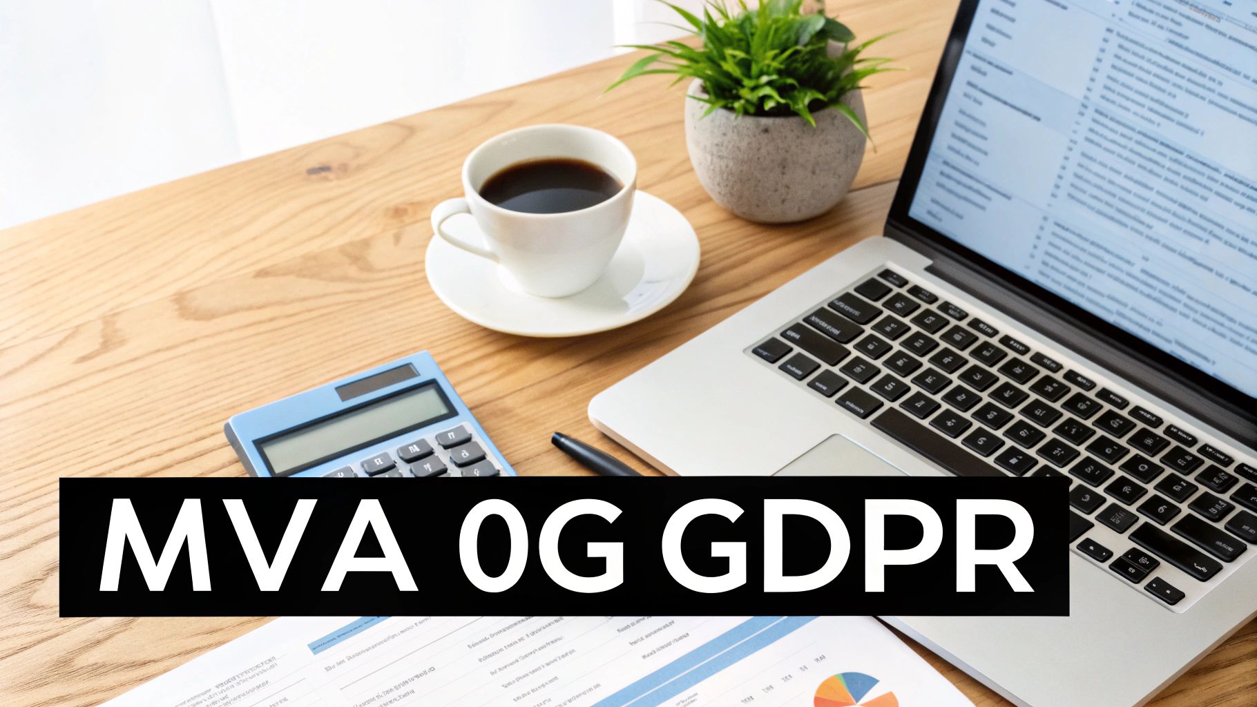 En arbeidsplass med laptop, kaffe, kalkulator og dokumenter, med teksten 'MVA OG GDPR'.