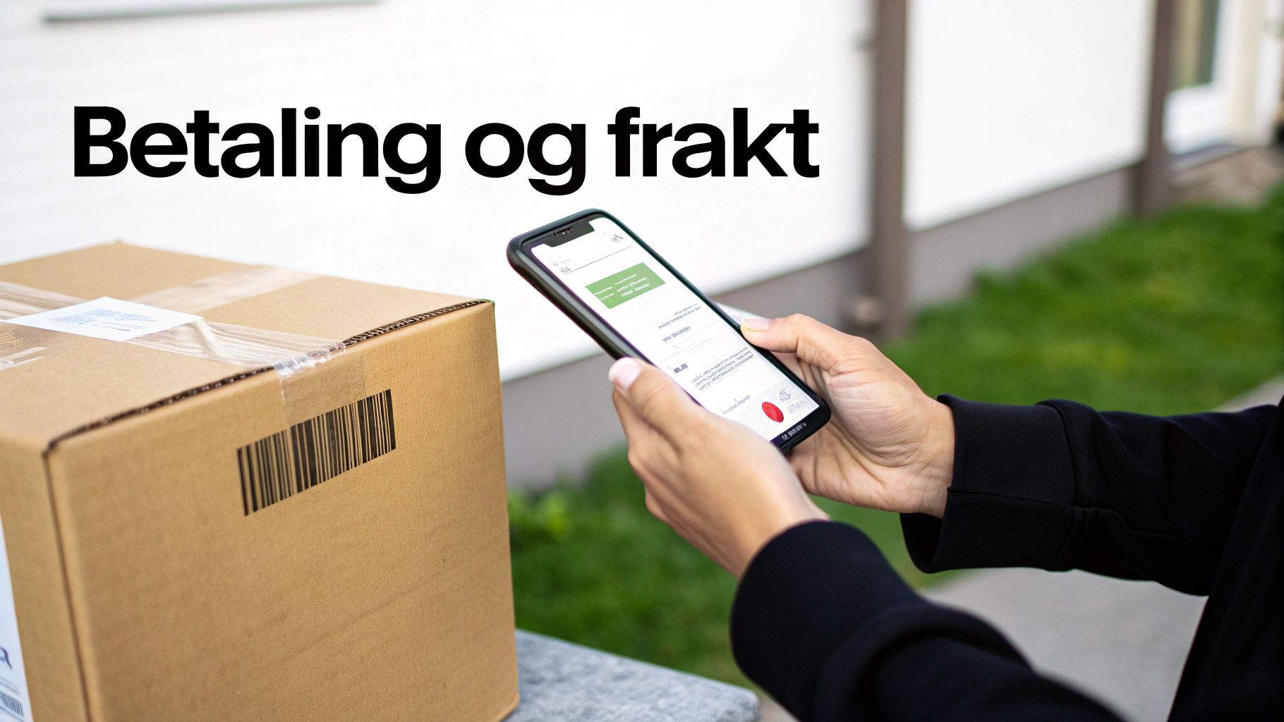 En person holder en smarttelefon ved siden av en frakteske med strekkode, og teksten 'Betaling og frakt' er synlig.