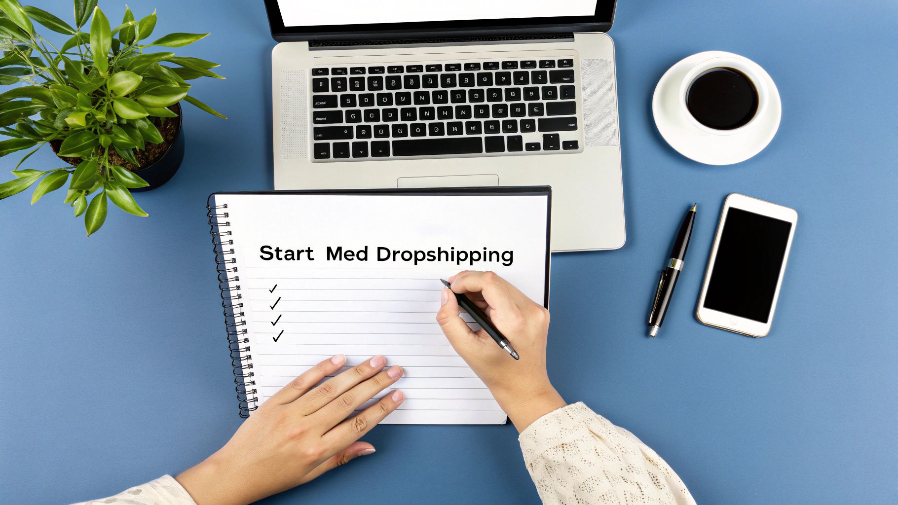 En person skriver 'Start Med Dropshipping' på en notatblokk på et blått skrivebord med laptop, kaffe og telefon.