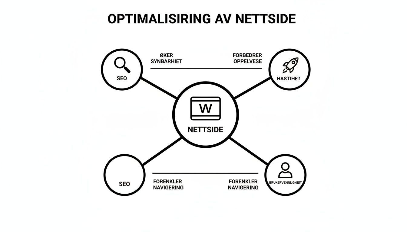 Diagram som viser sentrale elementer for optimalisering av en nettside, inkludert SEO, hastighet og brukervennlighet.