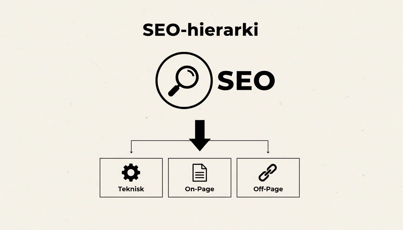 Et enkelt diagram som illustrerer SEO-hierarkiet, delt inn i teknisk SEO, on-page SEO og off-page SEO.