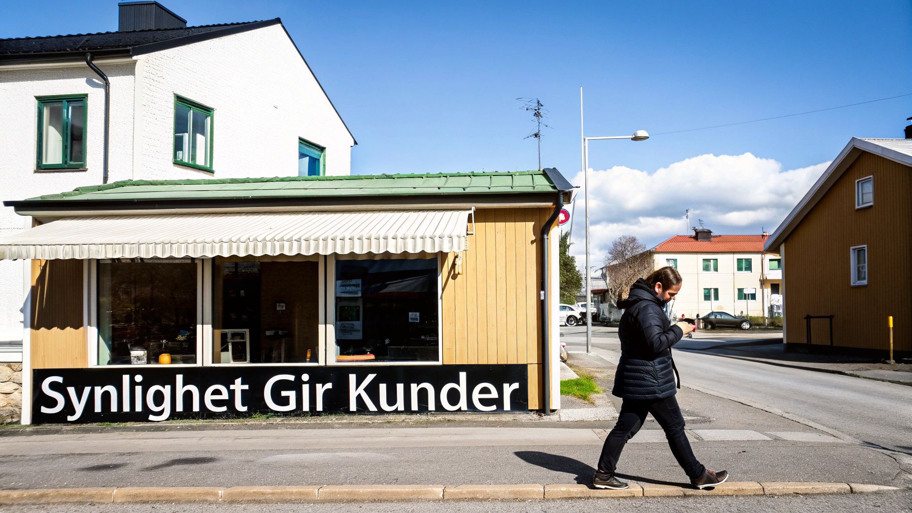 En person går forbi en butikk med et skilt som sier 'Synlighet Gir Kunder' på en solrik dag.