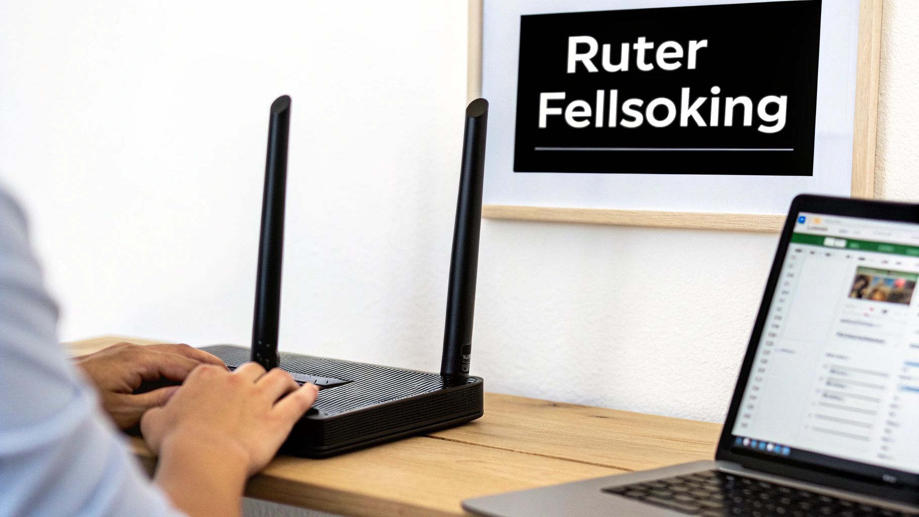 Hender trykker på en ruter med to antenner, en bærbar datamaskin og skiltet 'Ruter Feilsøking'.
