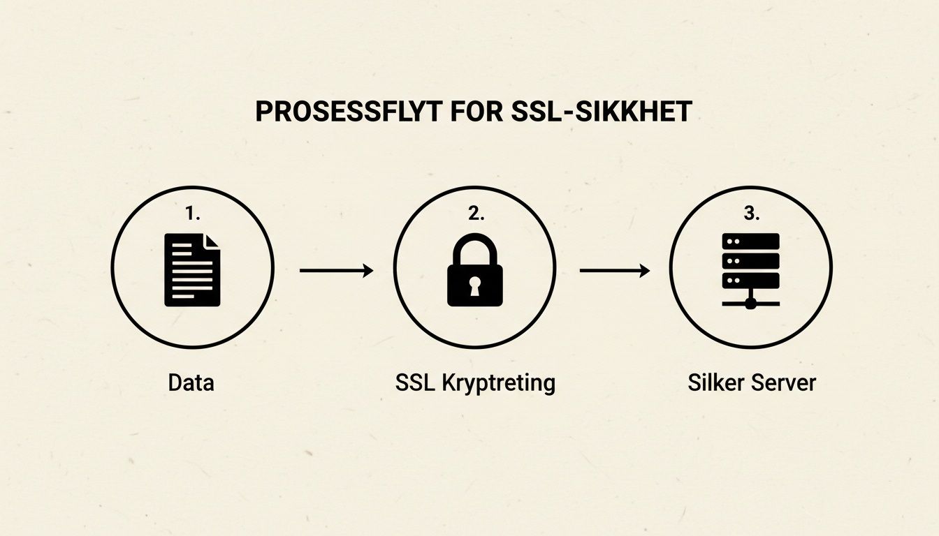 En flytdiagram som illustrerer prosessen for SSL-sikkerhet, fra data til SSL-kryptering og sikker server.