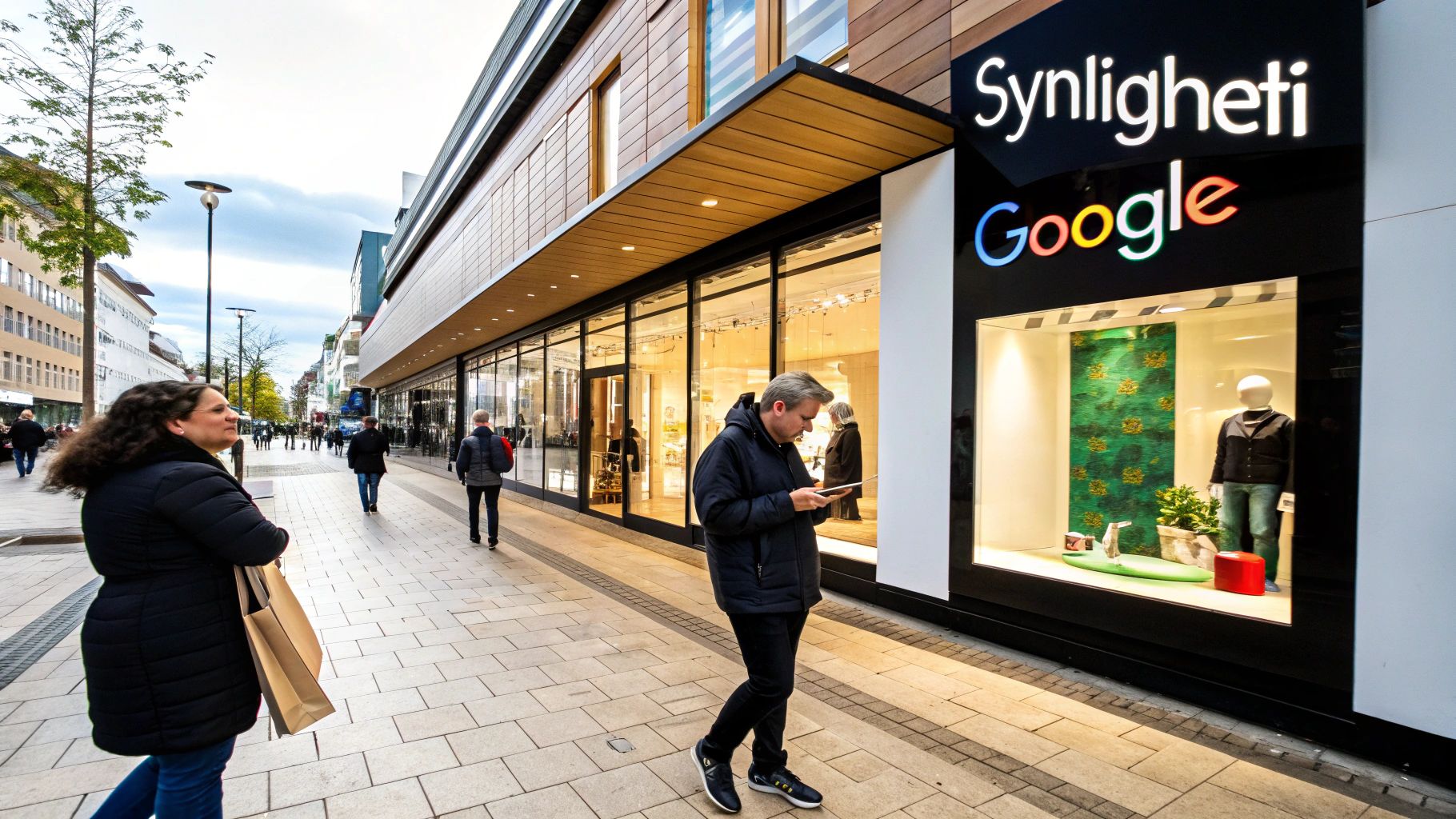 Gatebilde med folk som går forbi en moderne butikkfront med store glassvinduer og skilt for Synlighet og Google.