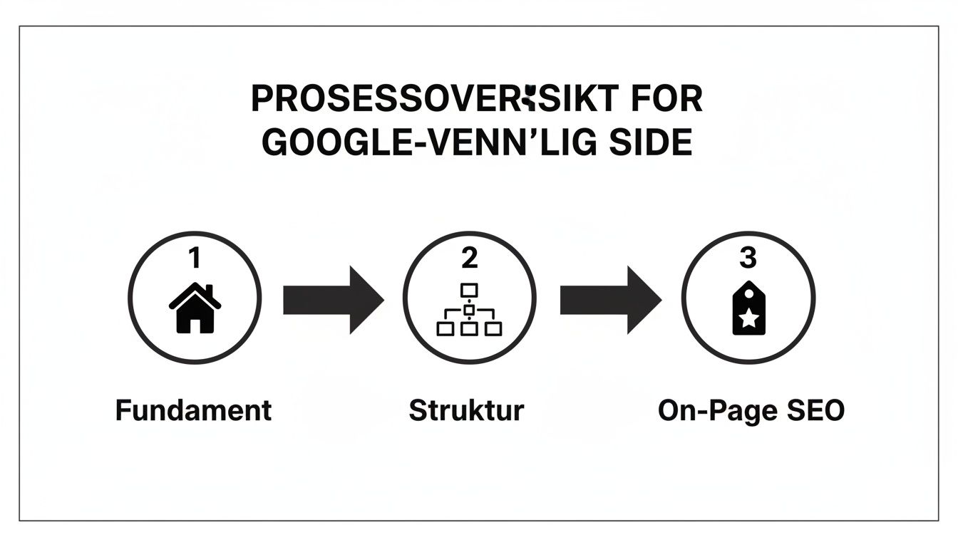 Infografikk som viser de tre trinnene for å bygge en Google-vennlig nettside: fundament, struktur, og On-Page SEO.