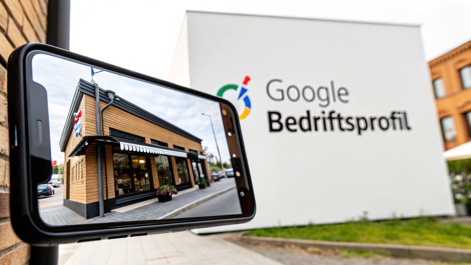 En smarttelefon reflekterer en butikkfasade med Google Bedriftsprofil-skilt i bakgrunnen.