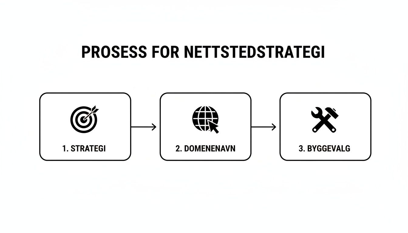 En enkel flytdiagram som viser prosessen for nettstedstrategi, inkludert trinn for strategi, domenenavn og byggevalg.